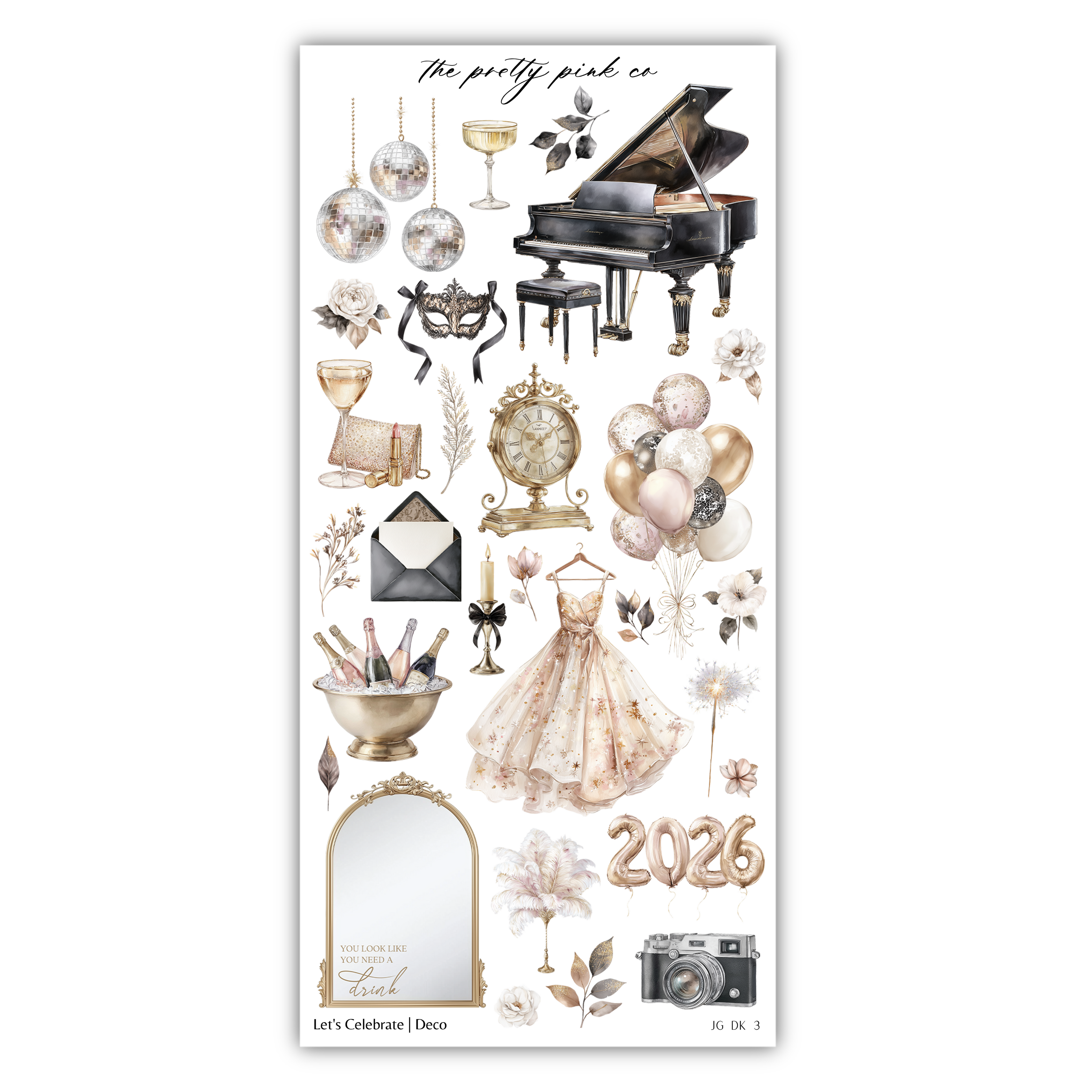 various decorative and celebratory items, including a grand piano, champagne glasses, balloons, a dress, a mirror, and a camera. The text "The pretty pink co" is written above the items, and "2026" is written below them.