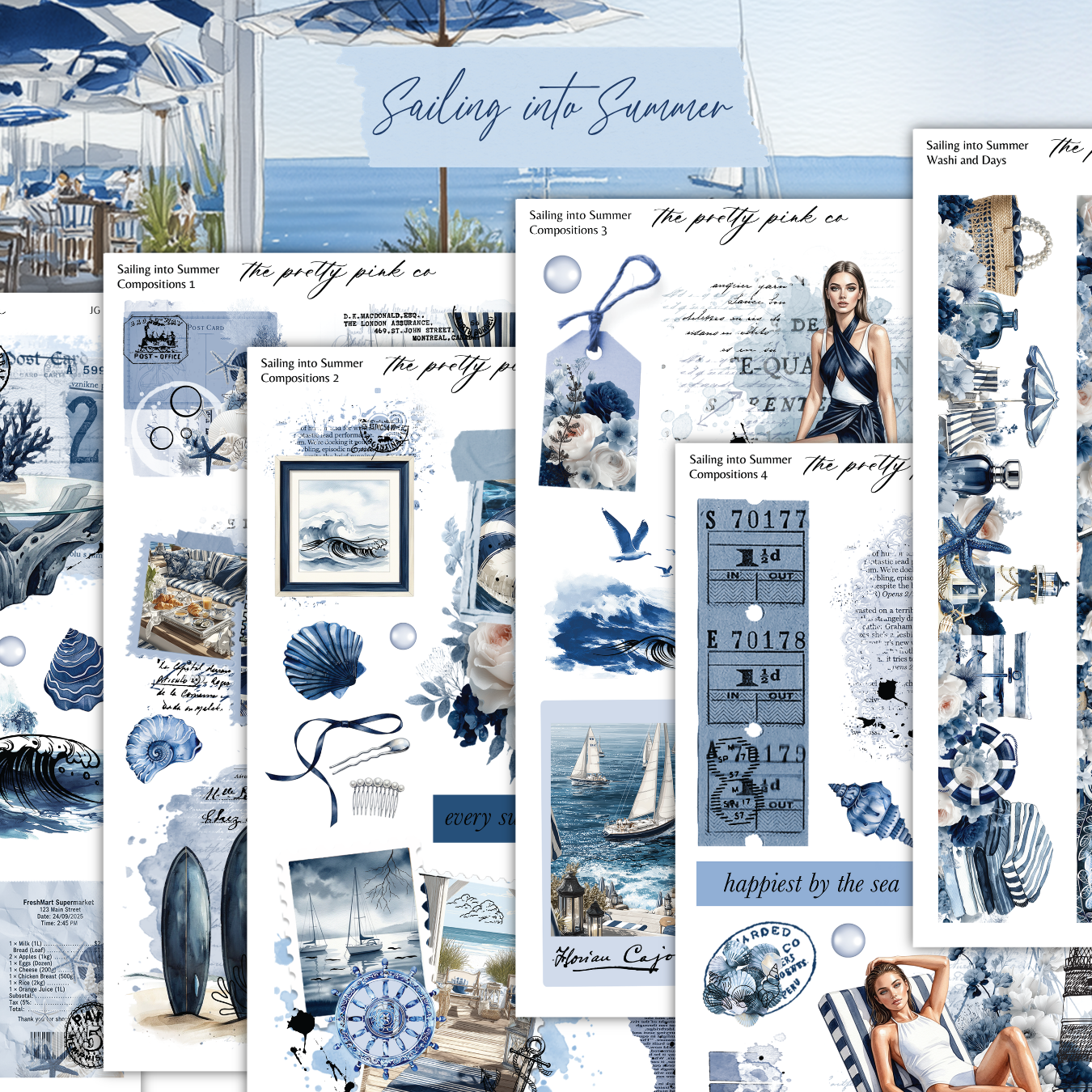 The image is a collage of various nautical and summer-themed elements, including images of sailboats, umbrellas, flowers, and people enjoying the outdoors. The collage appears to be a collection of different pictures or scenes related to sailing and summer activities.