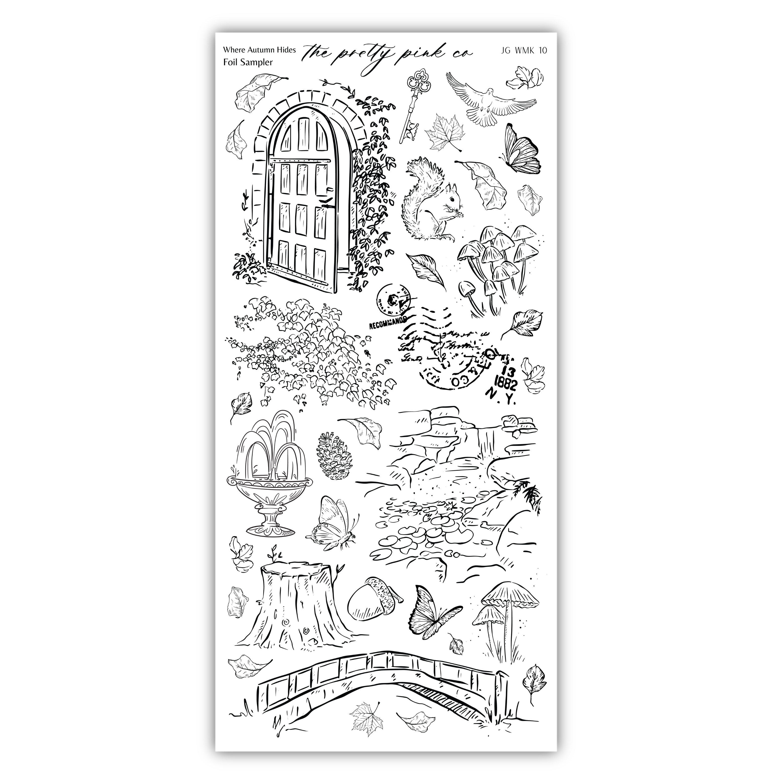 various hand-drawn illustrations and objects, including a door, a bird, a squirrel, flowers, leaves, a bridge, and other natural elements. The image is a collage of different elements, and there are no specific phrases or descriptions provided.