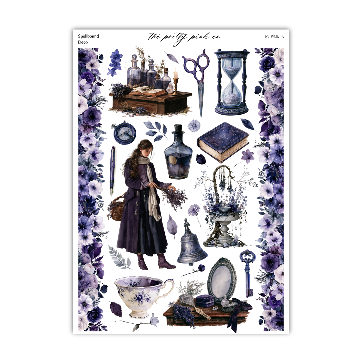The image is a collage of various objects and scenes, including a woman, a clock, a vase, a book, a teapot, a bell, a key, a teacup, and a teapot. The objects are arranged in a visually appealing manner, creating a cohesive and harmonious composition.
