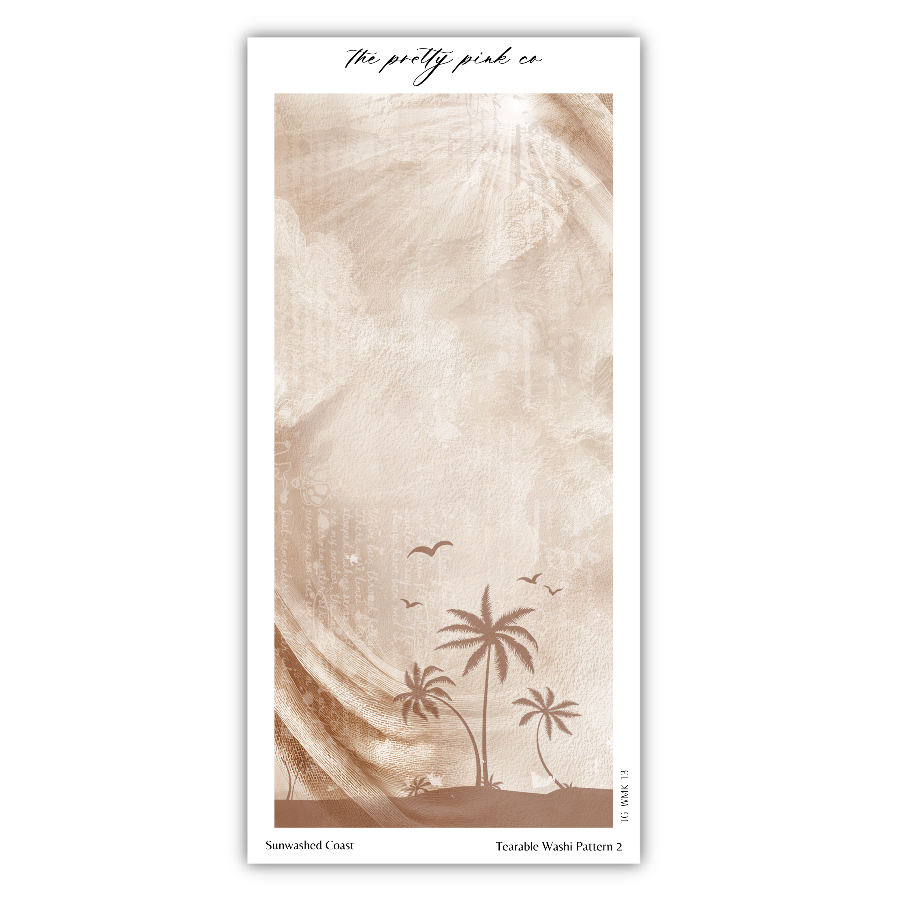 The image is a collage of two images. The top image depicts a beach scene with palm trees and a sunset, while the bottom image shows a towel with a beach scene. The text "The pretty pink co" is written above the images.
