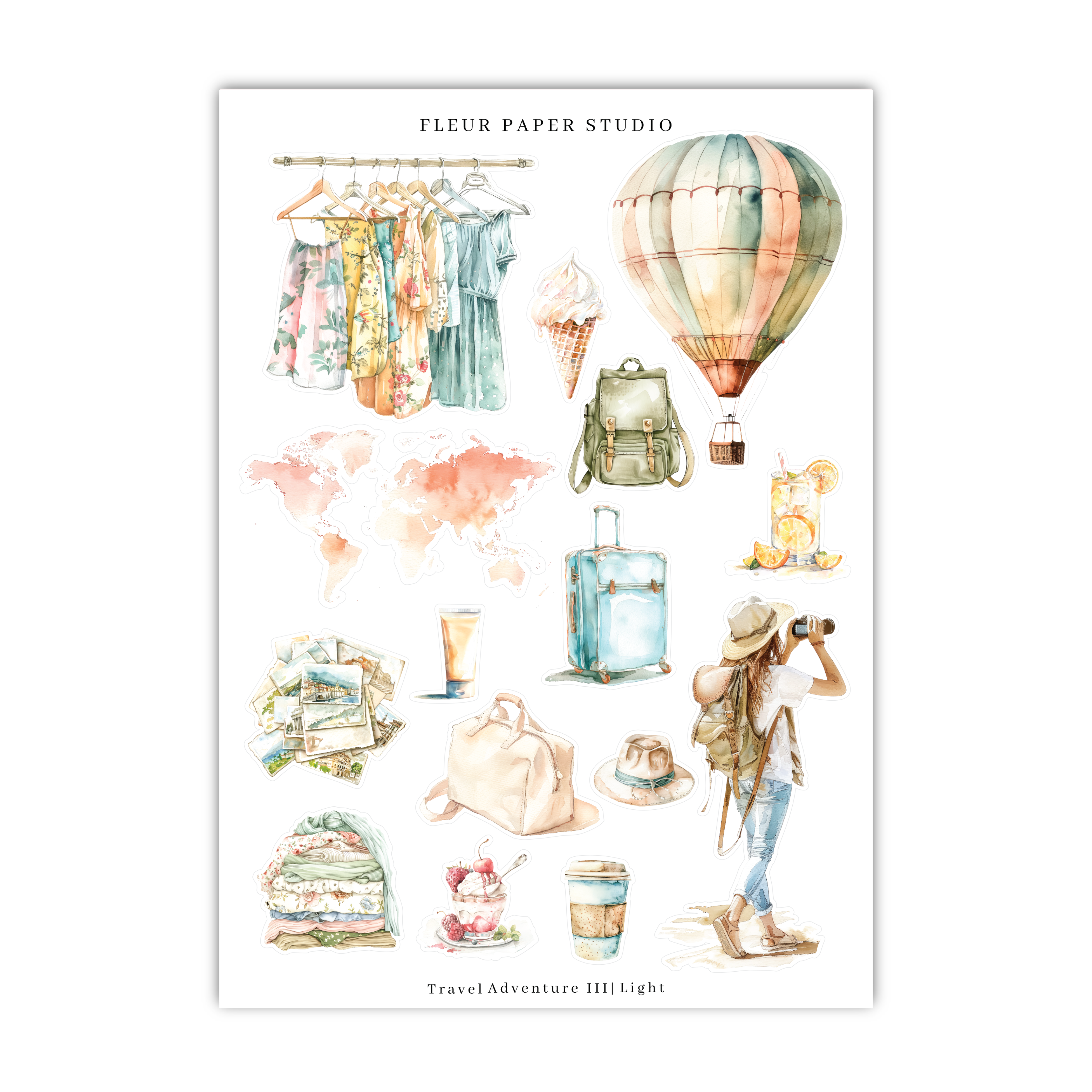 a watercolor drawing of a person looking at a bunch of items
