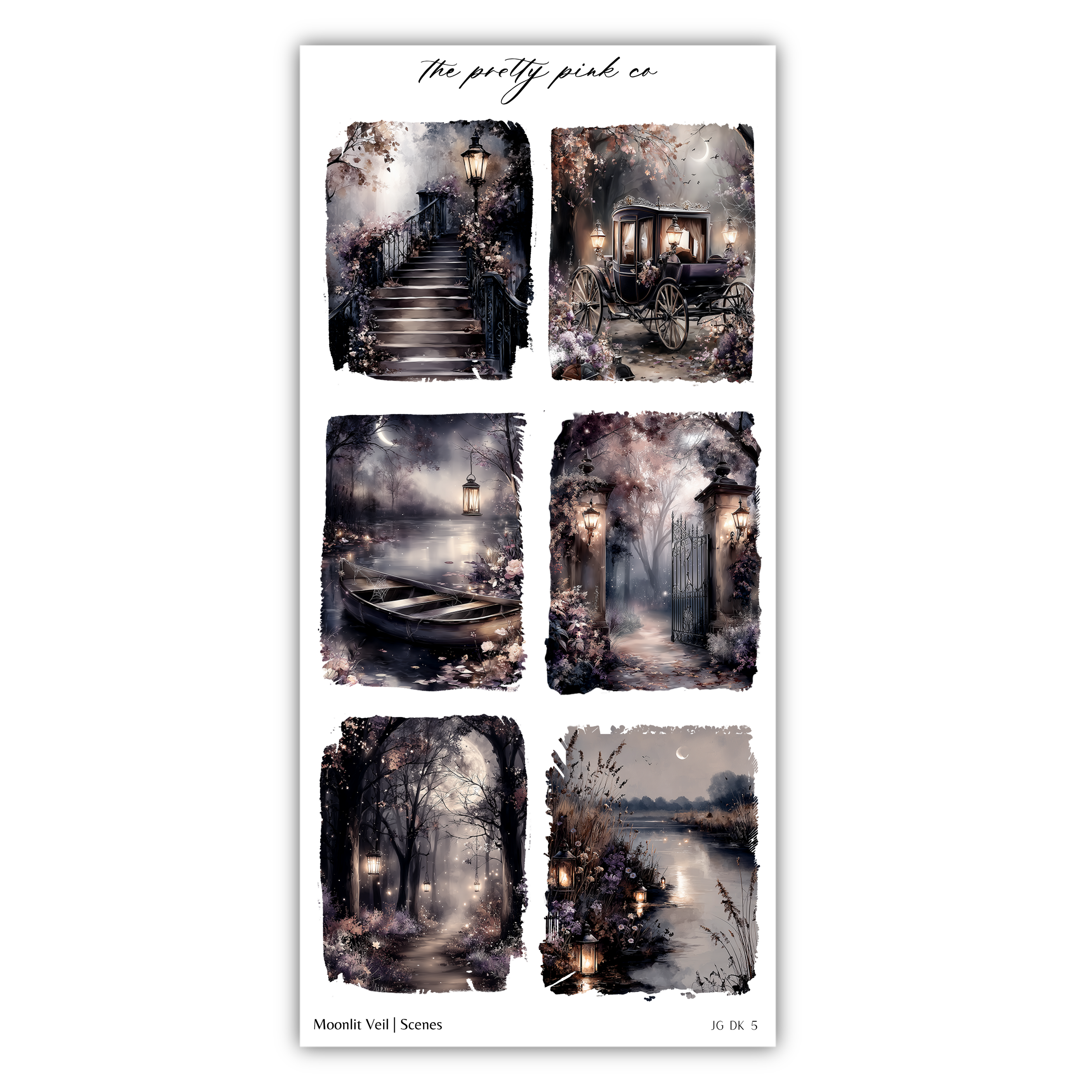 The image is a collage of six different scenes depicting various nighttime and moonlit landscapes, including a path leading to a carriage, a boat on a lake, a forest with a lantern, a bridge over a river, a moonlit forest, and a river with a boat.