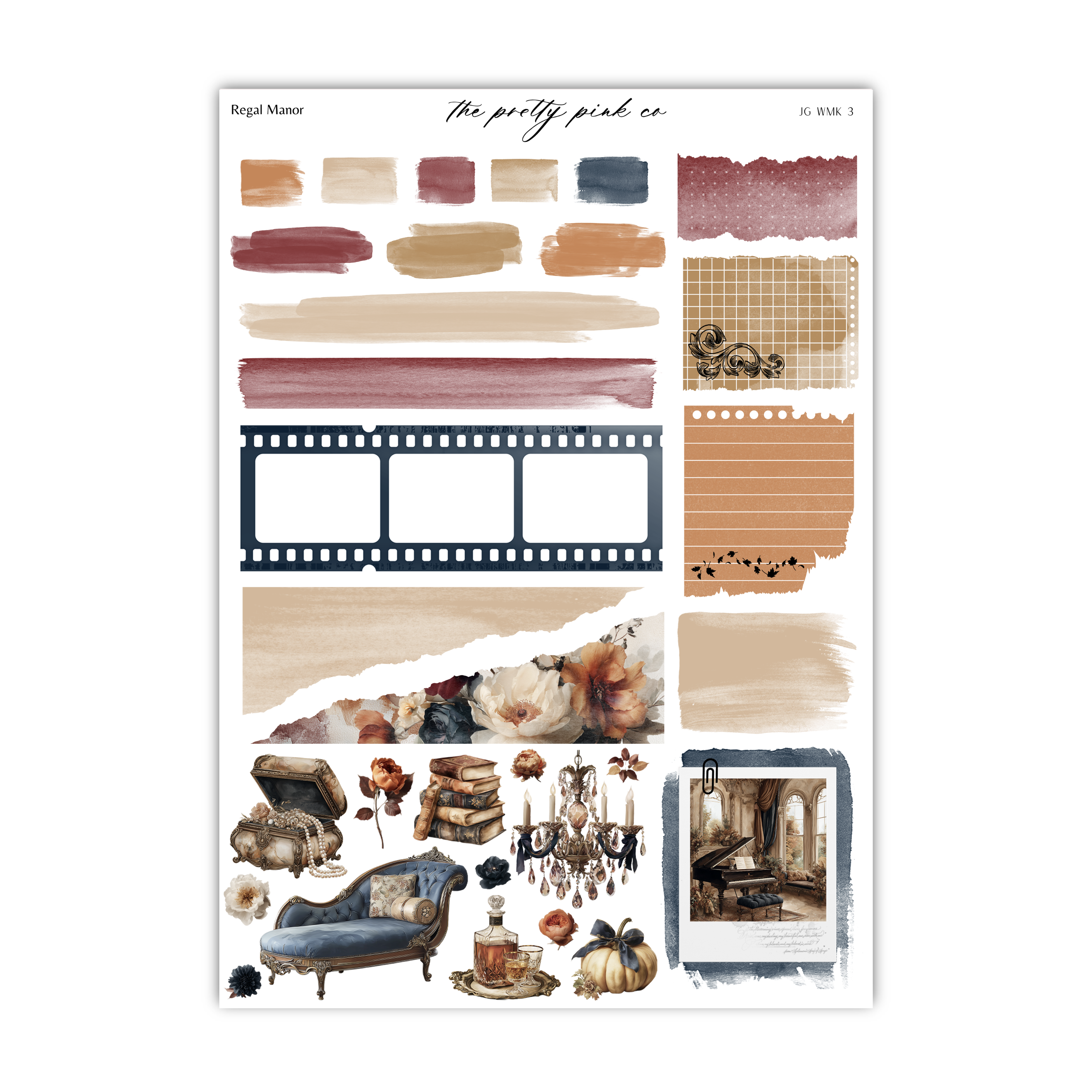 various decorative elements and objects, including a blue sofa, a chandelier, a film strip, and a collage of different textures and patterns.