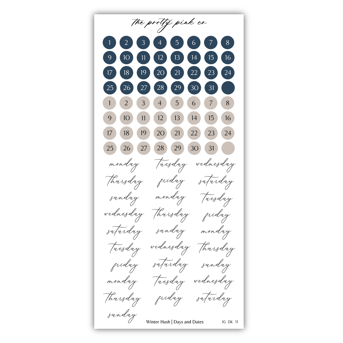 The image is a calendar with a grid of days and dates, and a separate section with a list of days and dates.