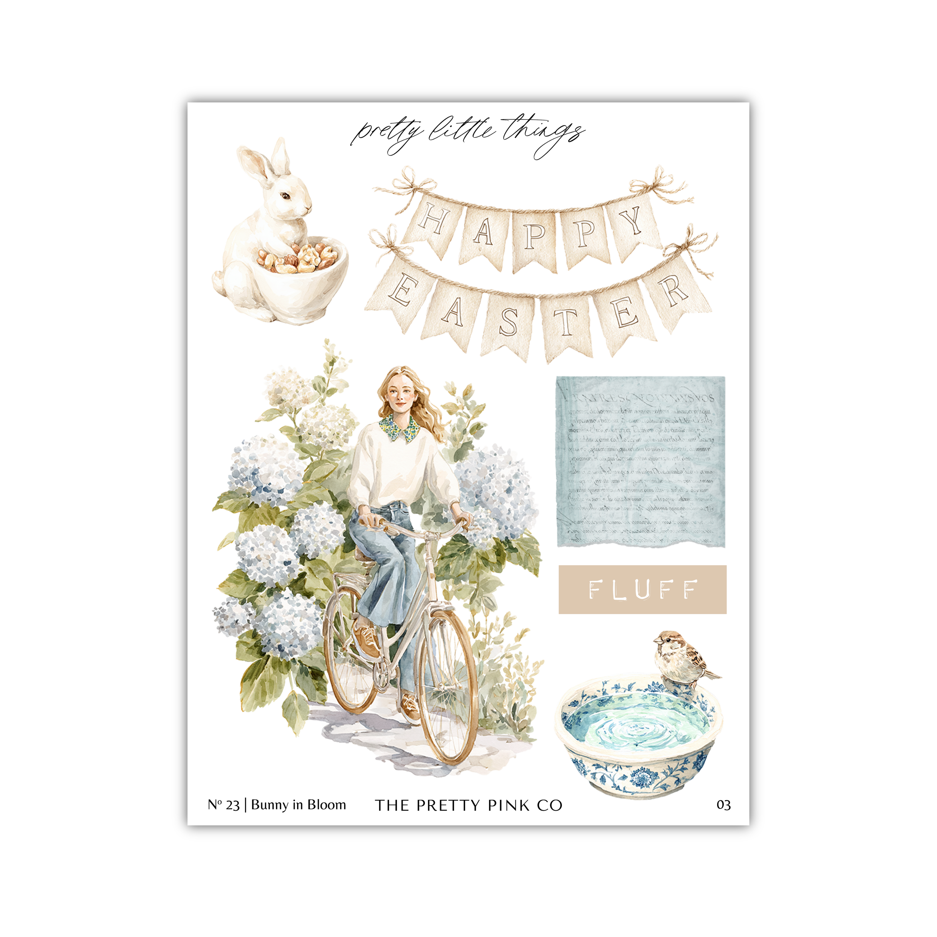 The image is a collage featuring a woman riding a bicycle, surrounded by flowers and a bunny in bloom. The collage includes a banner that says "Happy Easter" and a small bird.