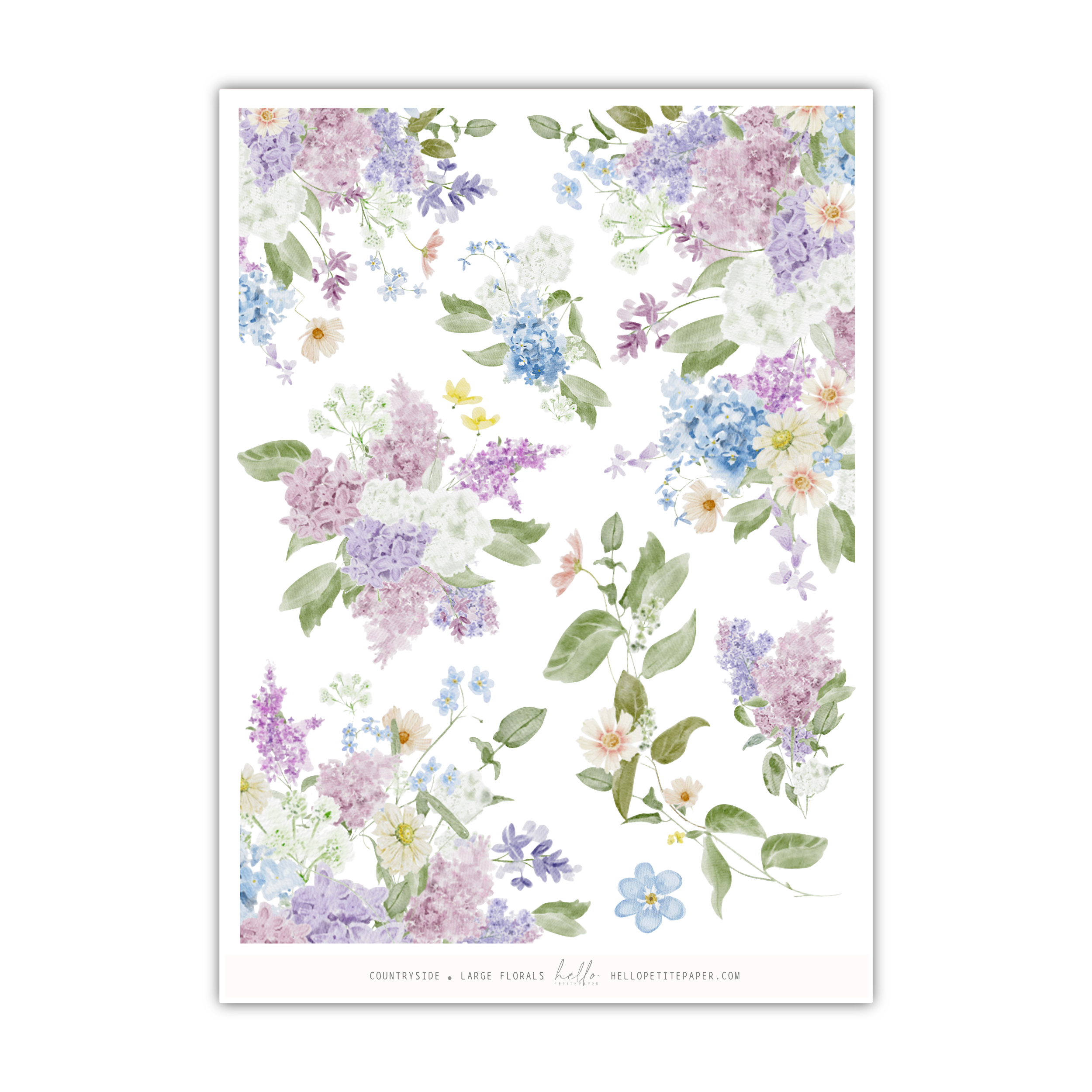 a white paper with purple and blue flowers on it