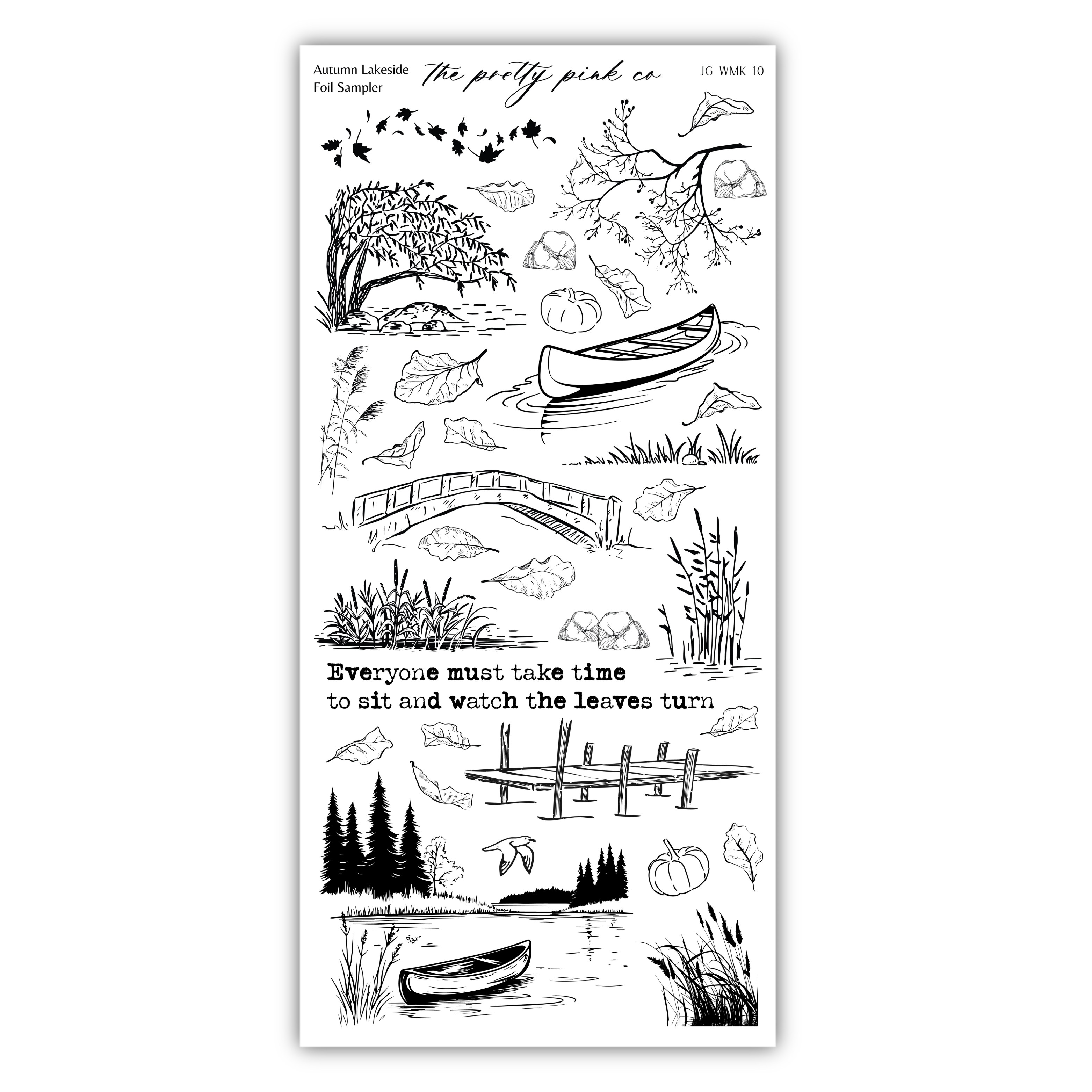 various fall-themed illustrations, including a canoe, a bridge, a bird, leaves, and a boat. The text "Autumn Lakeside The pretty pink co" is present, along with the phrase "Everyone must take time to sit and watch the leaves turn."