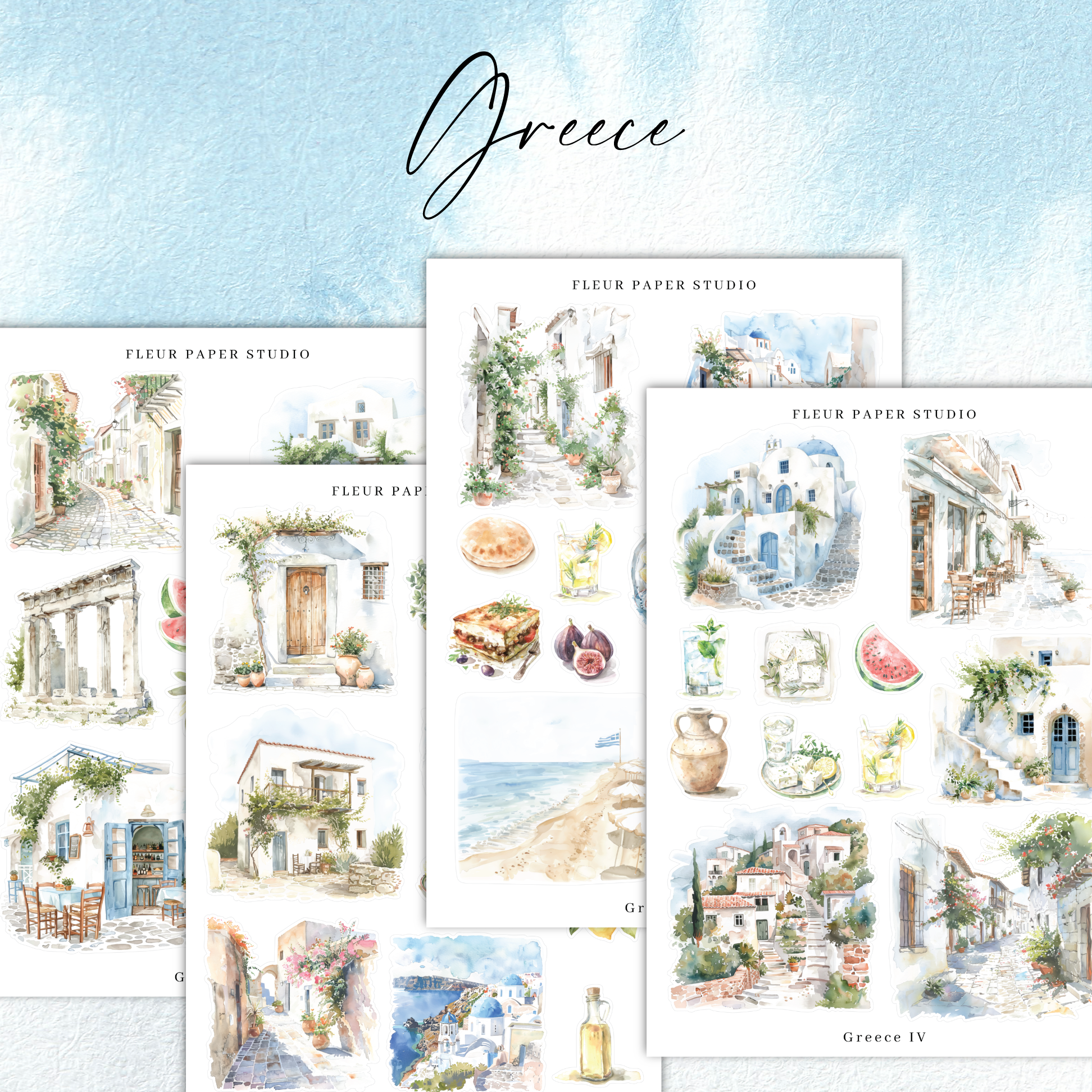 a set of four watercolor paintings of a house