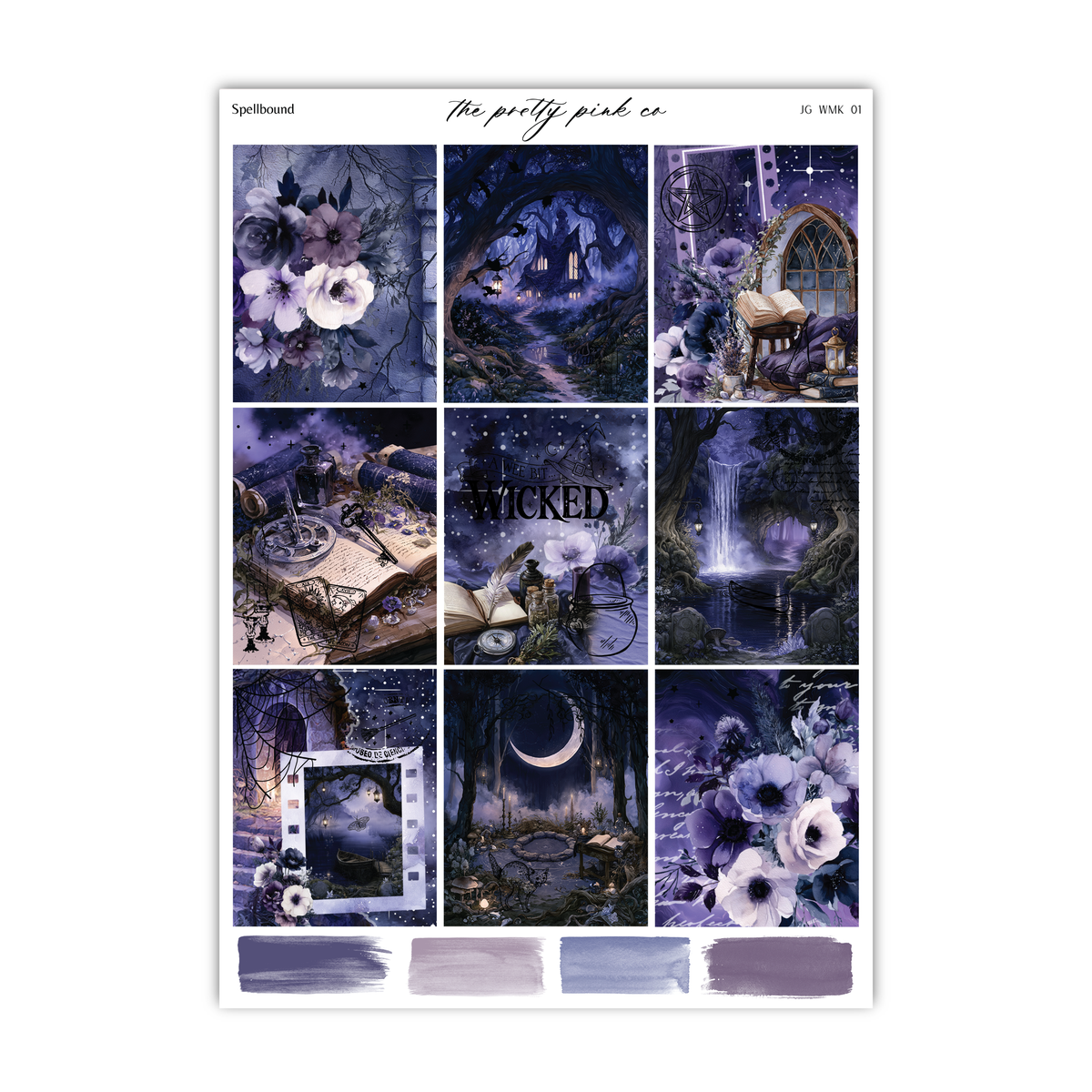 The image is a collage of nine different images, each depicting various scenes and elements, including flowers, a castle, a crescent moon, and a book. The collage is titled "The pretty pink co" and includes the text "JWK 01".