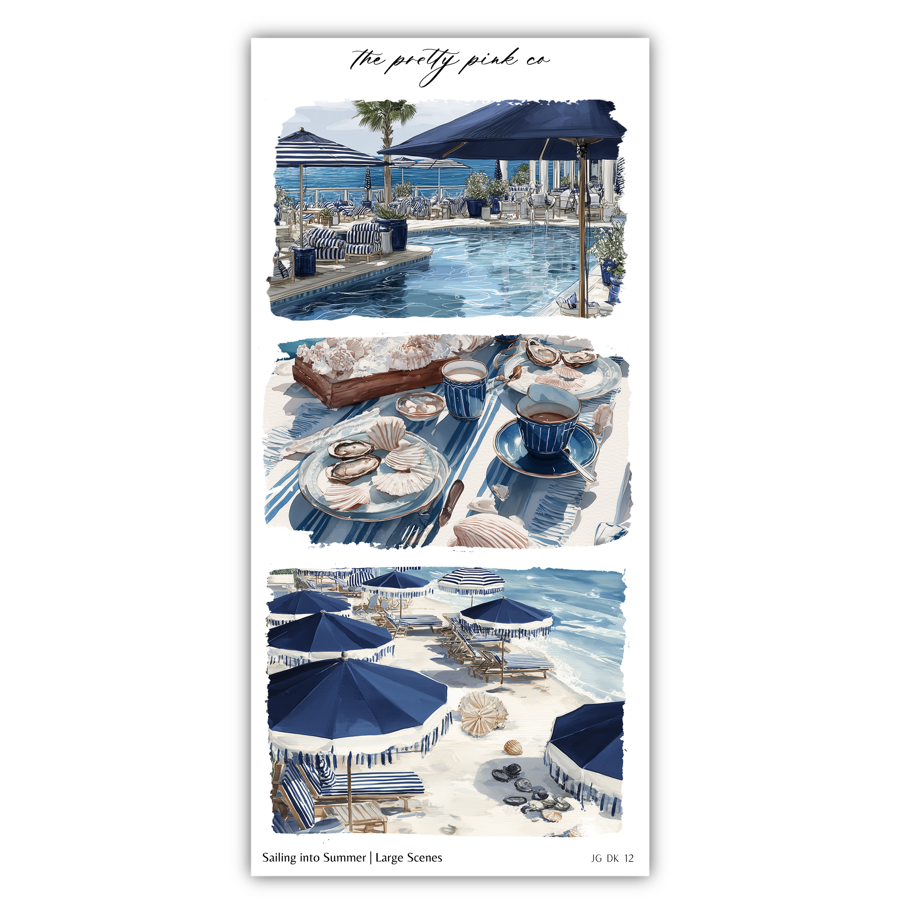 The image is a collage of three pictures depicting various scenes related to summer, including a pool, beach umbrellas, and dining tables with cups and plates.