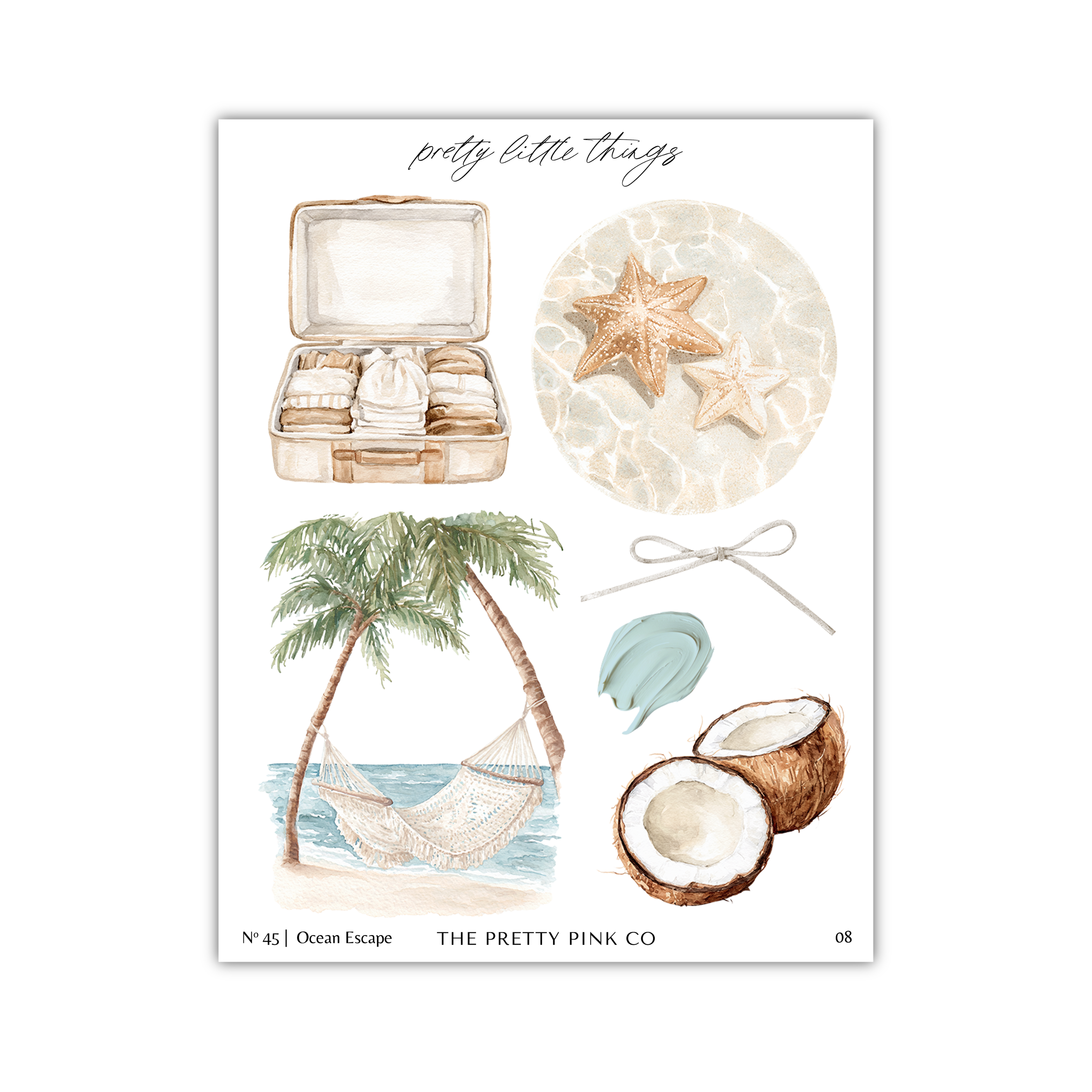 The image is a collage of various beach-themed items, including a suitcase, a palm tree, a hammock, coconuts, and starfish, all set against a beach background.