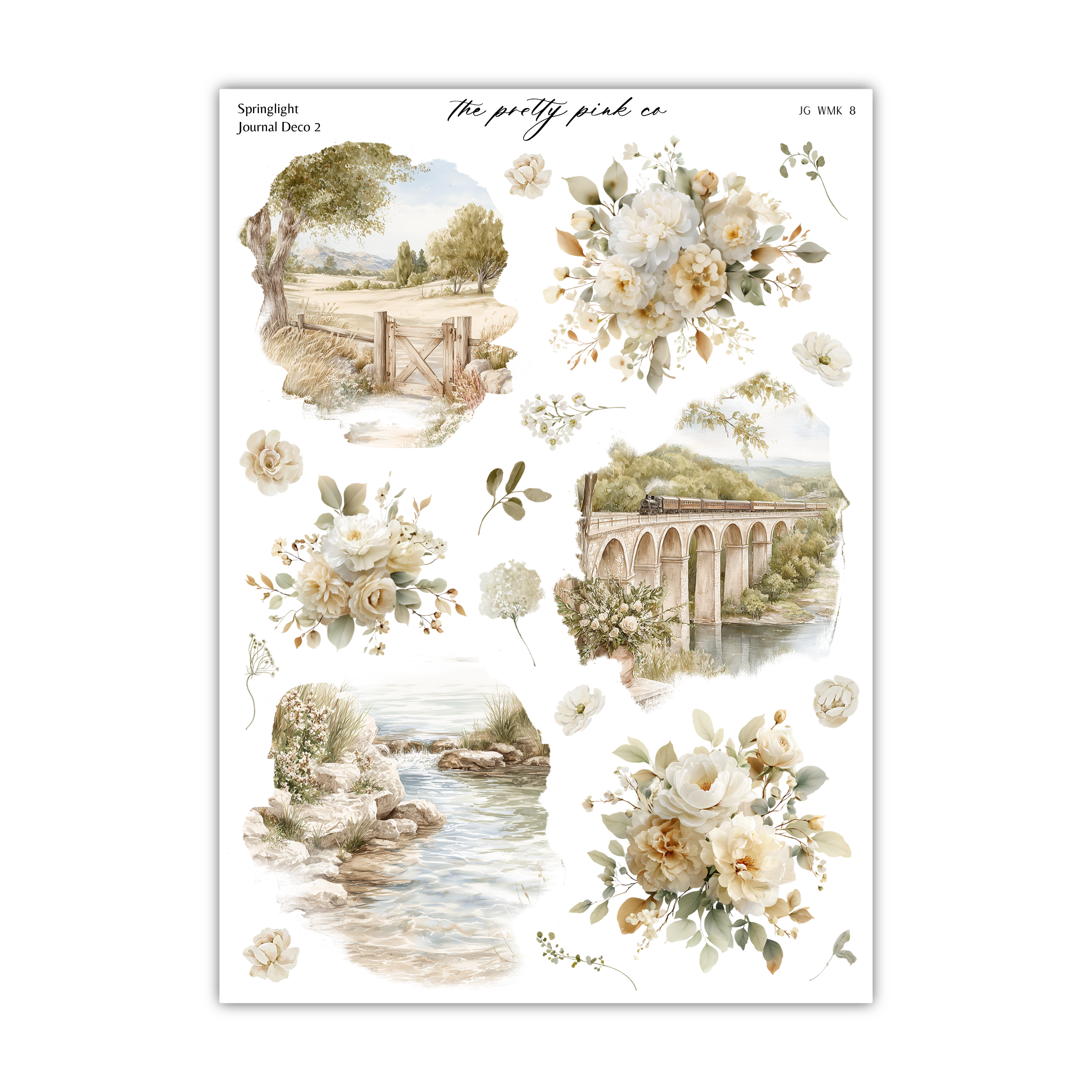 a collage of various scenic landscapes and floral elements, including a bridge, a river, and a field with trees. The overall color palette is predominantly green, white, and beige, creating a serene and natural atmosphere.