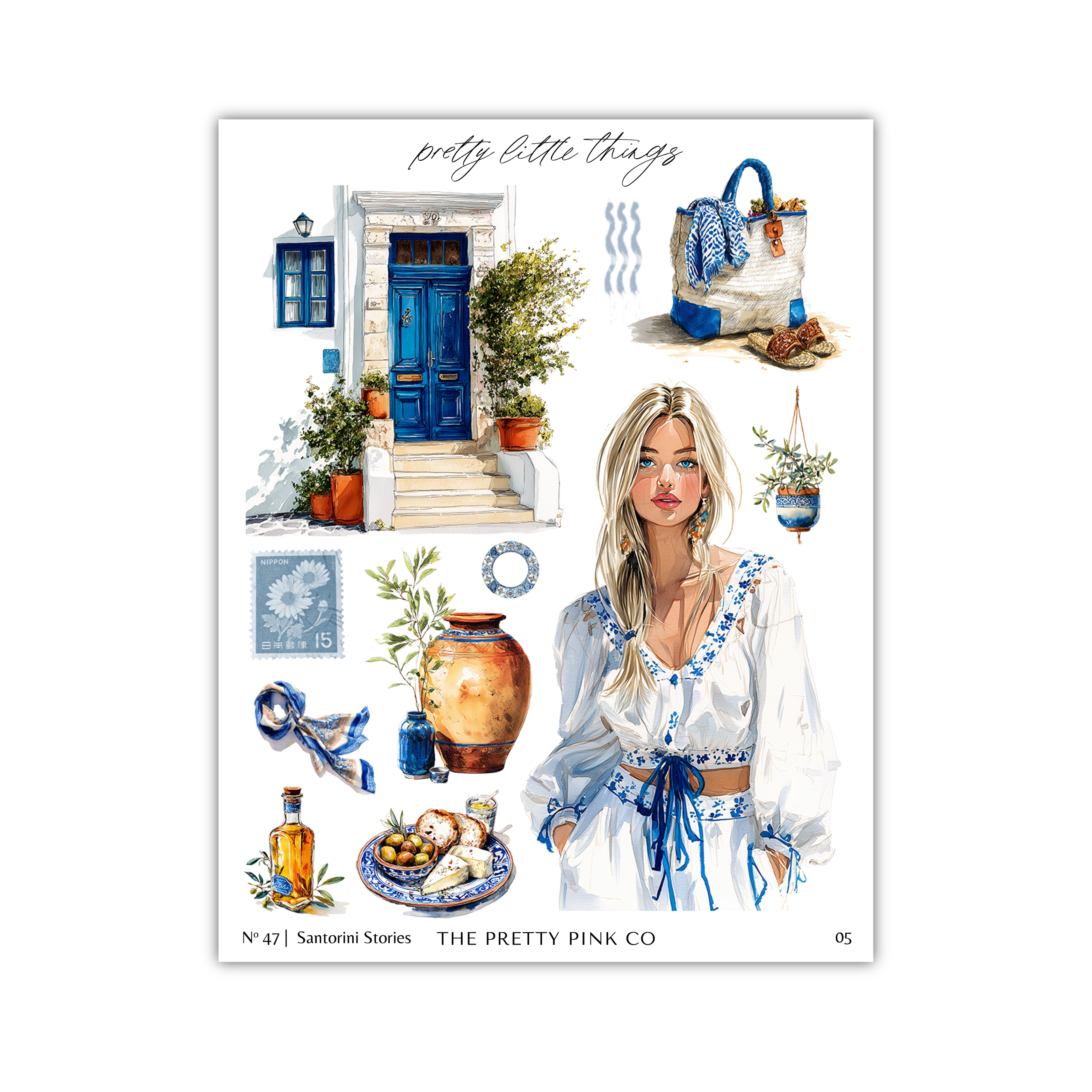 The image is a collage of various elements, including a woman, a blue door, a house, a handbag, a vase, a potted plant, and other decorative items. The collage is titled " pretty little things" and is part of the "The Pretty Pink Co." series.