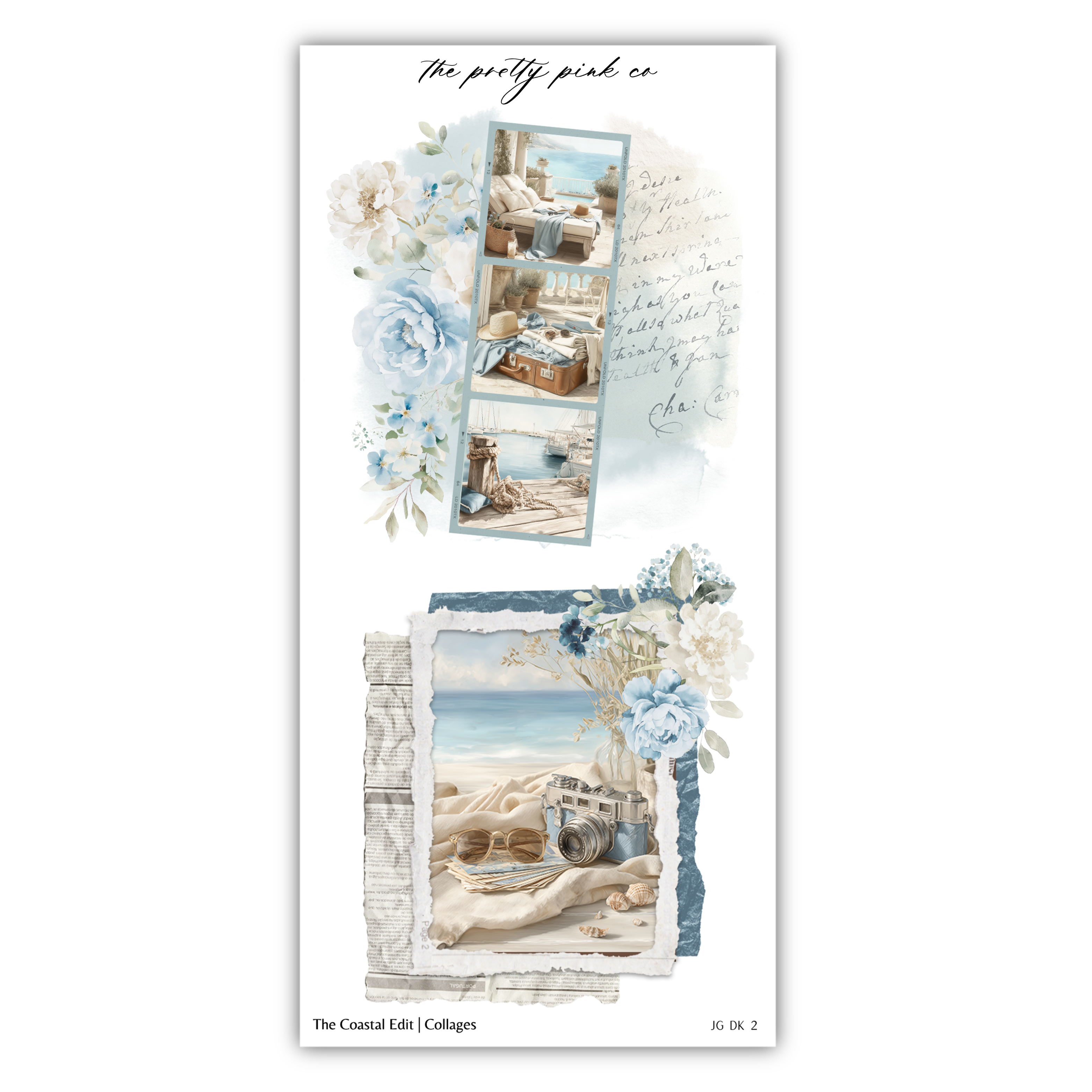 The image is a collage of various pictures and text elements, including floral designs, a beach scene, and handwritten notes.