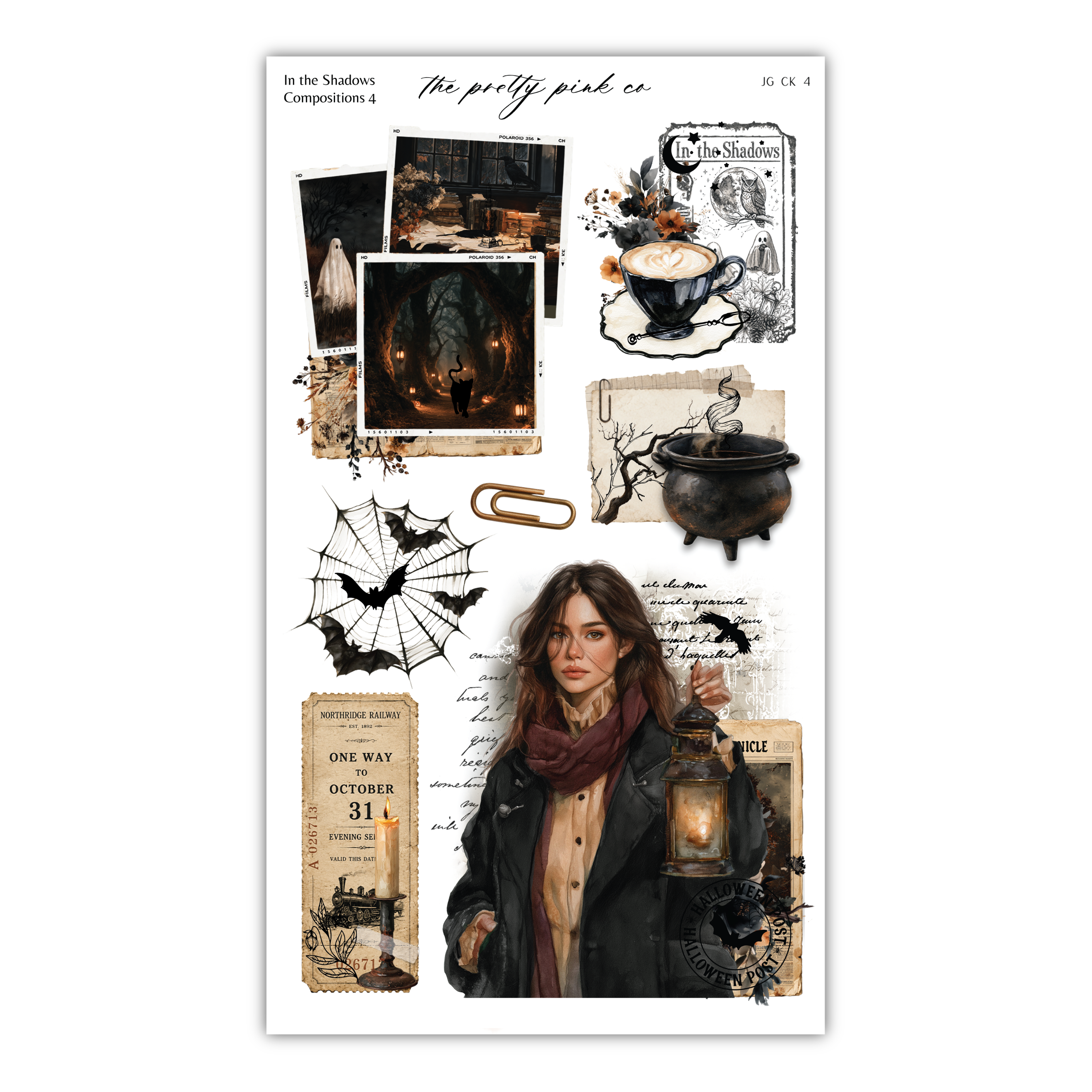 The image is a collage of various Halloween-themed elements, including a woman holding a lantern, a witch's cauldron, bats, and other spooky imagery.