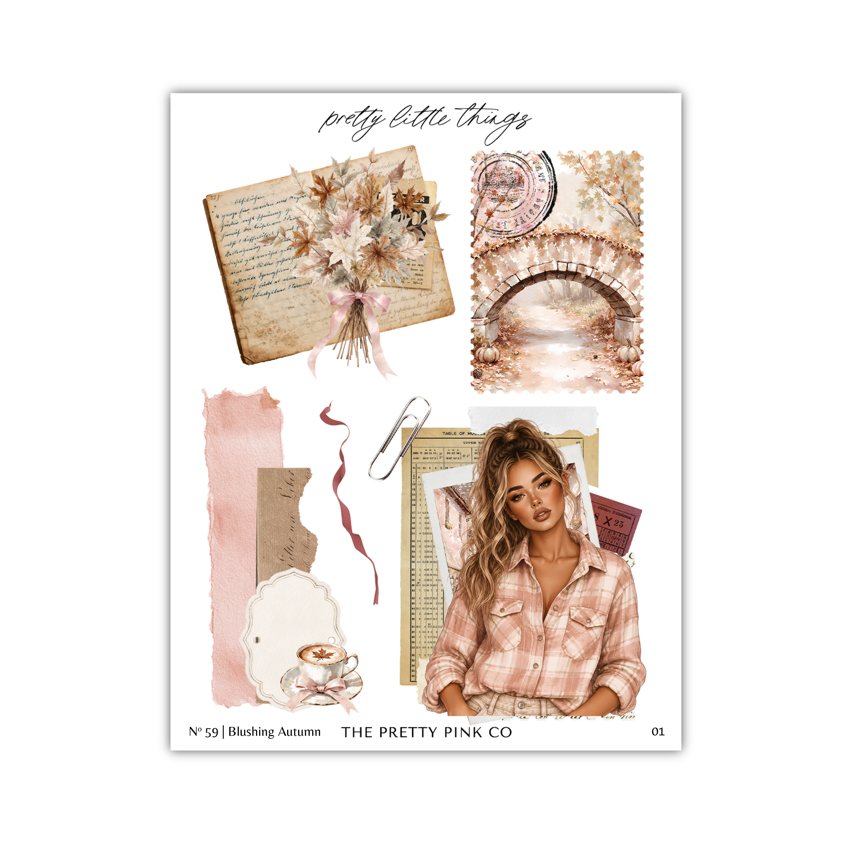The image is a collage of various elements, including a woman, a book, a bridge, and a floral arrangement, all set against a white background.