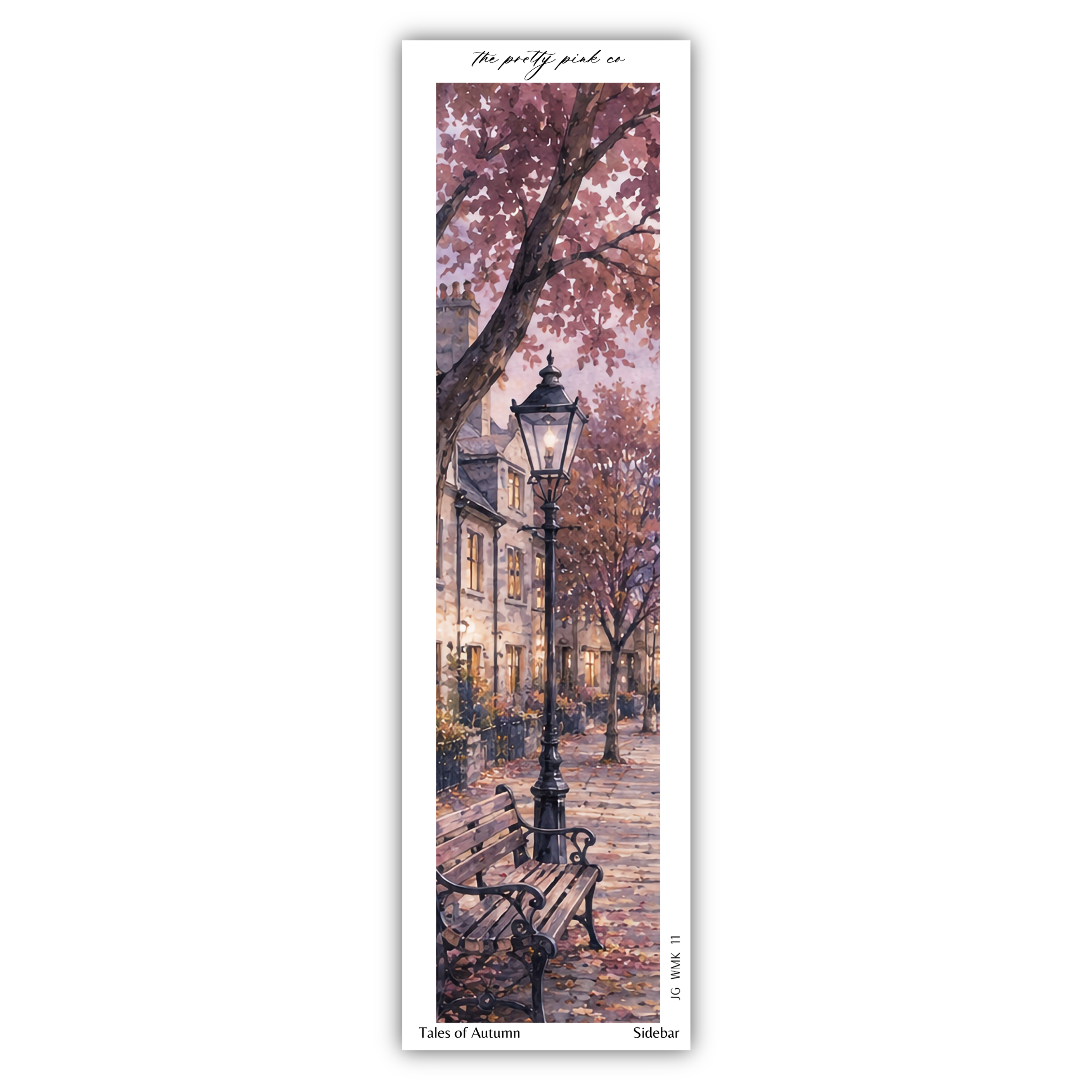 A painting depicting a serene autumn scene with a bench under a tree, a street lamp, and a building in the background.