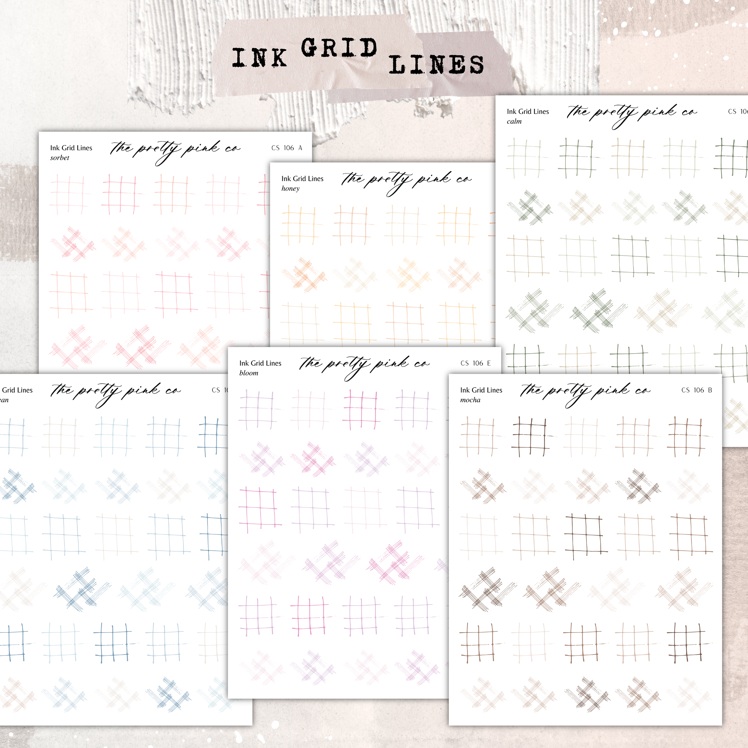 a collection of six different grid lines, each with a unique color and pattern. The grid lines are arranged in a grid format, with each line occupying a separate square. The colors and patterns of the grid lines vary, creating a visually interesting and diverse collection.