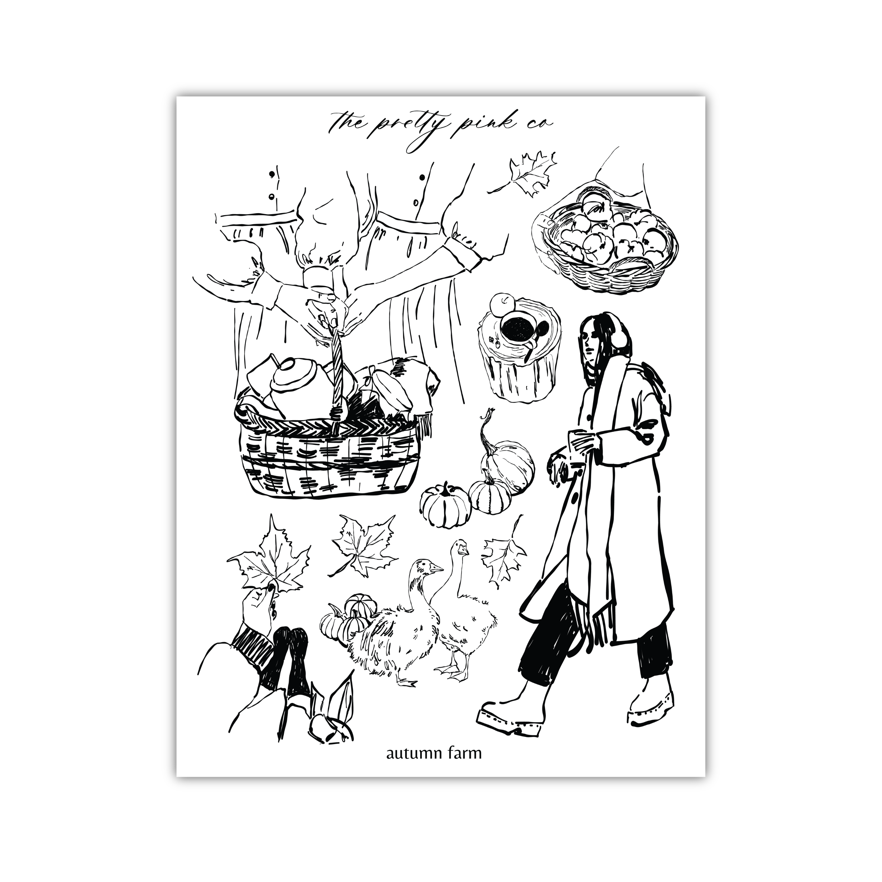 The image is a black and white illustration depicting various autumn-themed elements, including a person, a basket, pumpkins, and leaves.