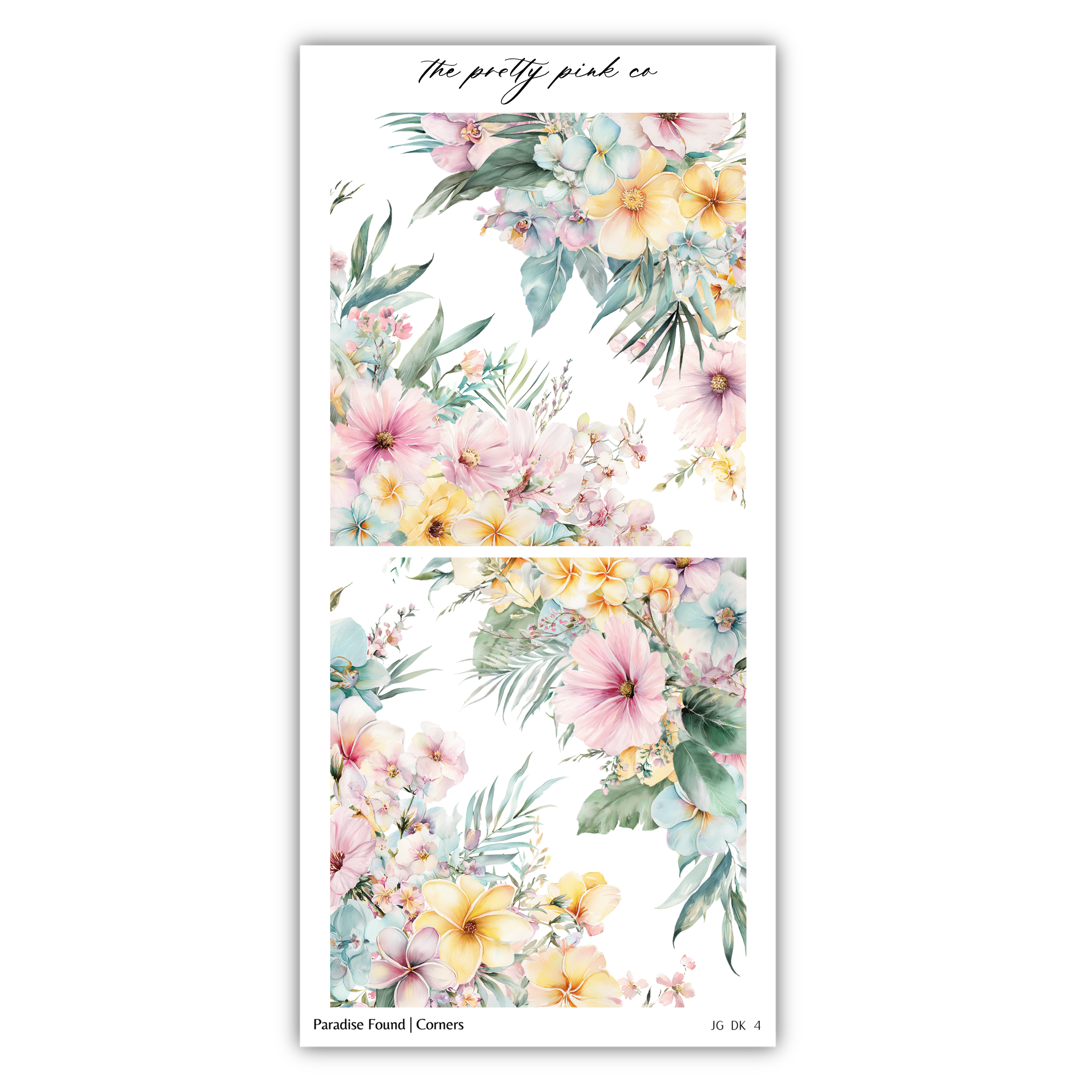 The image is a collage of two floral images, each featuring a variety of colorful flowers and leaves. The collage is titled "The pretty pink co" and includes the phrase "Possible Found / Corners" at the bottom.