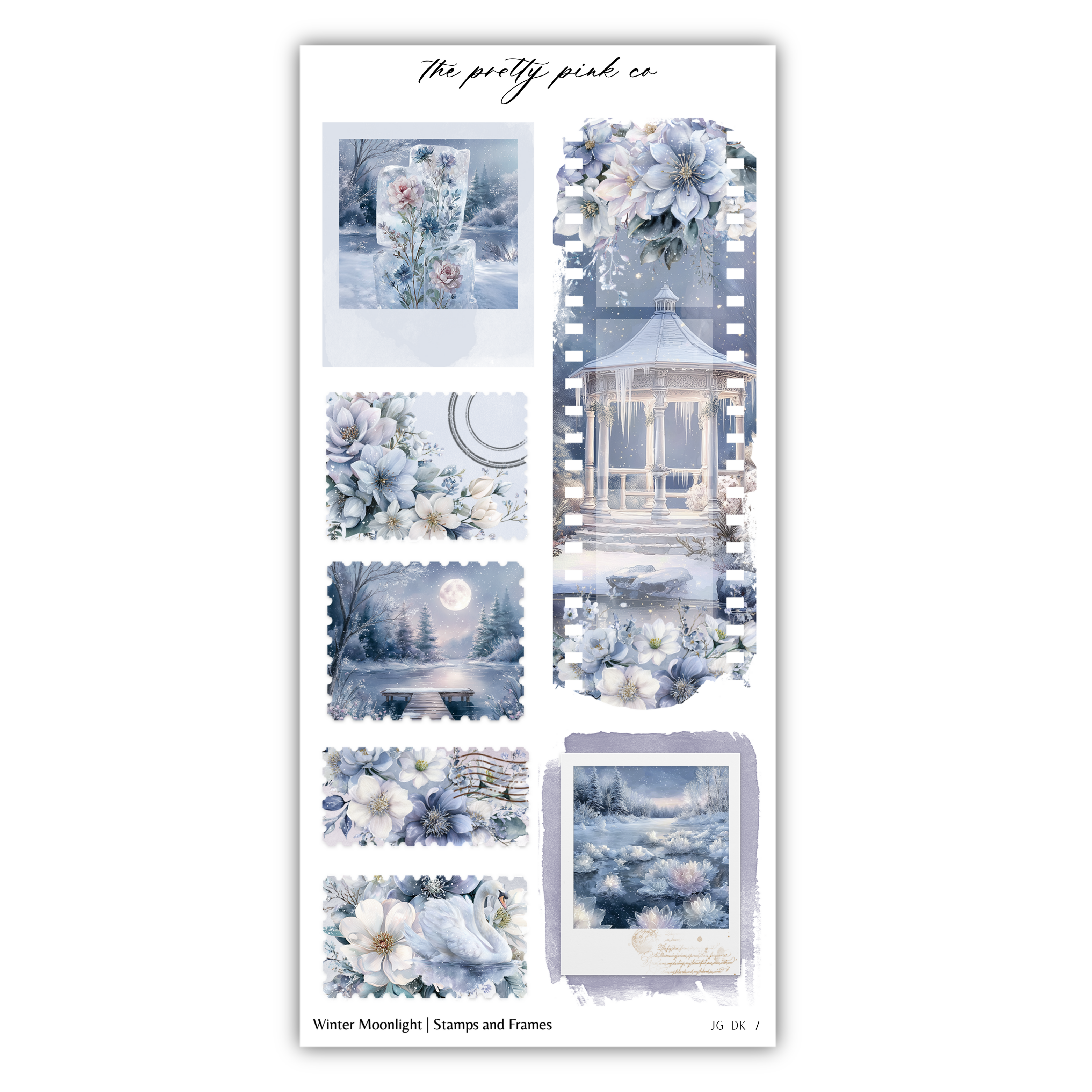 The image is a collage of various winter-themed images, including a gazebo, flowers, and a moonlit landscape.