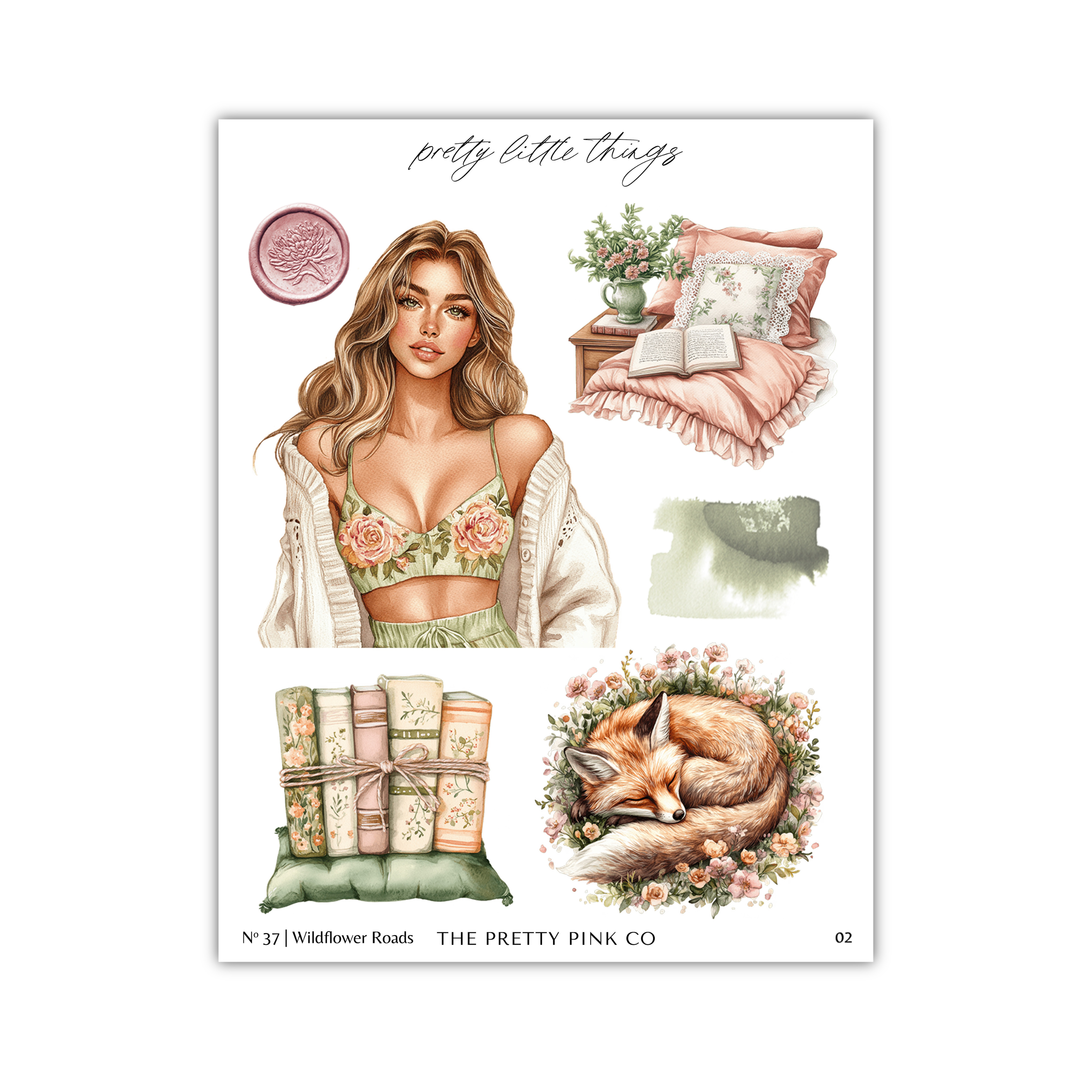 The image is a collage of various illustrations, including a woman, a fox, books, and floral elements.