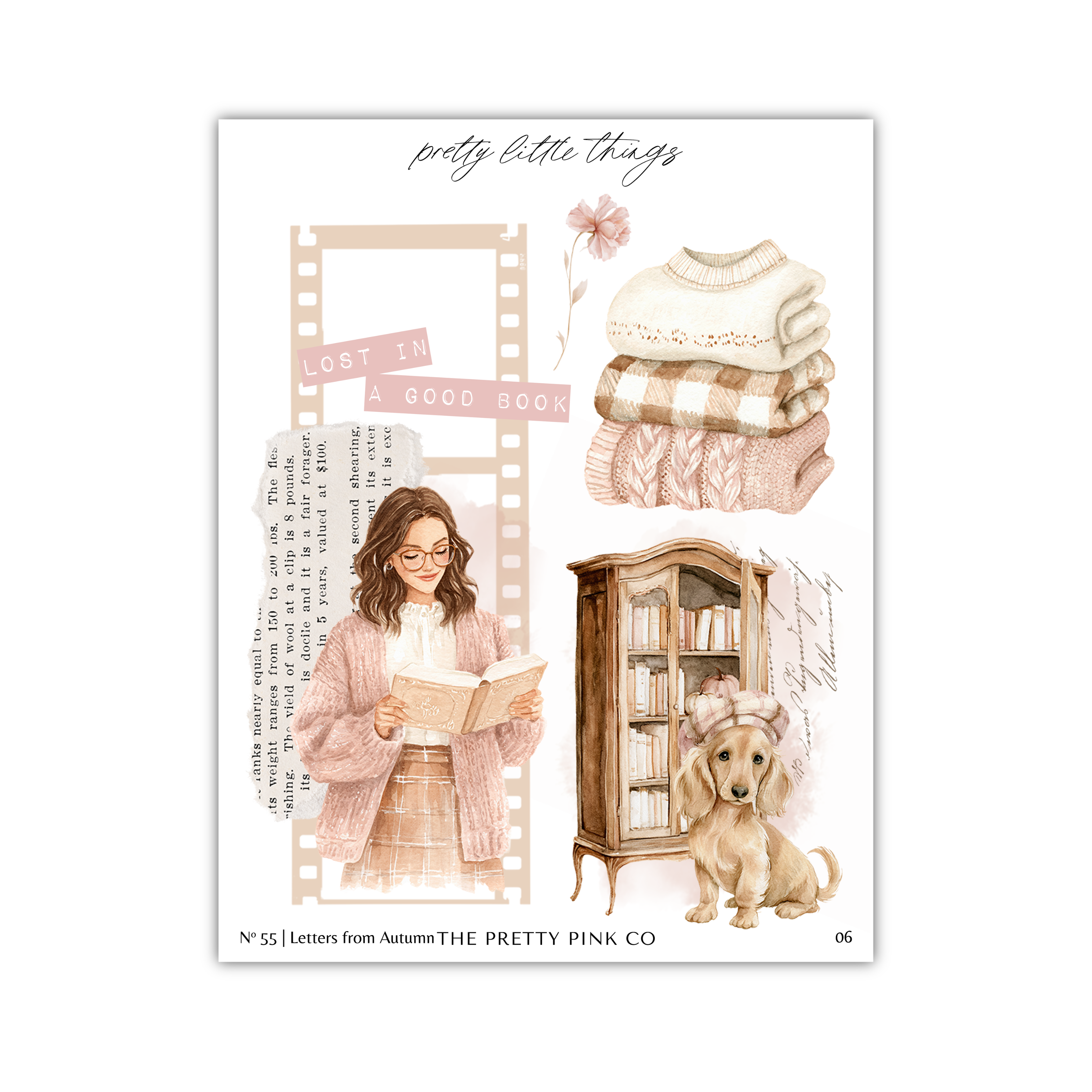 The image is a collage featuring a woman reading a book, a stack of sweaters, a dog, and a bookshelf.