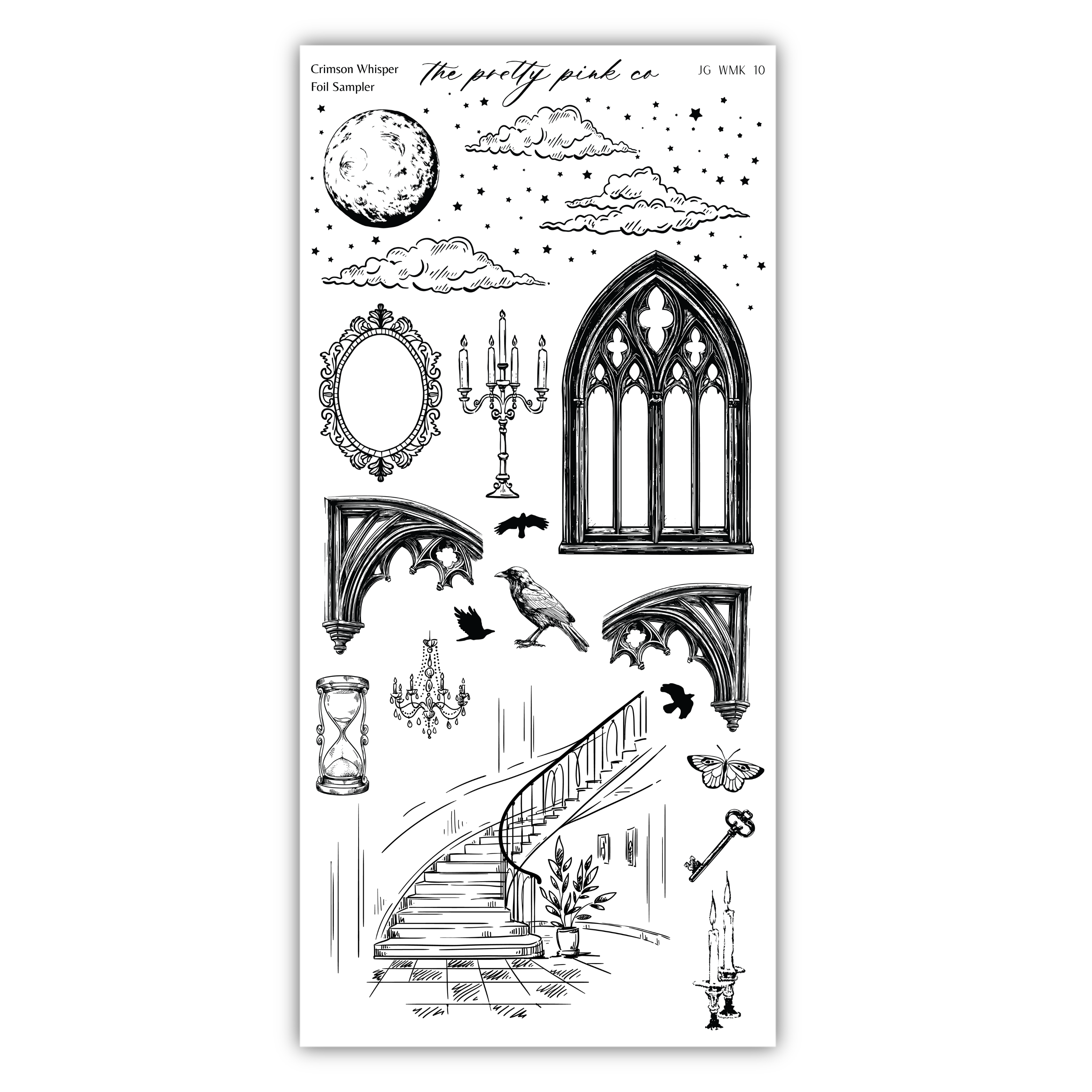 various black and white illustrations of architectural elements, such as arches, windows, and staircases, along with other decorative and symbolic objects like a candle, a bird, and a clock.