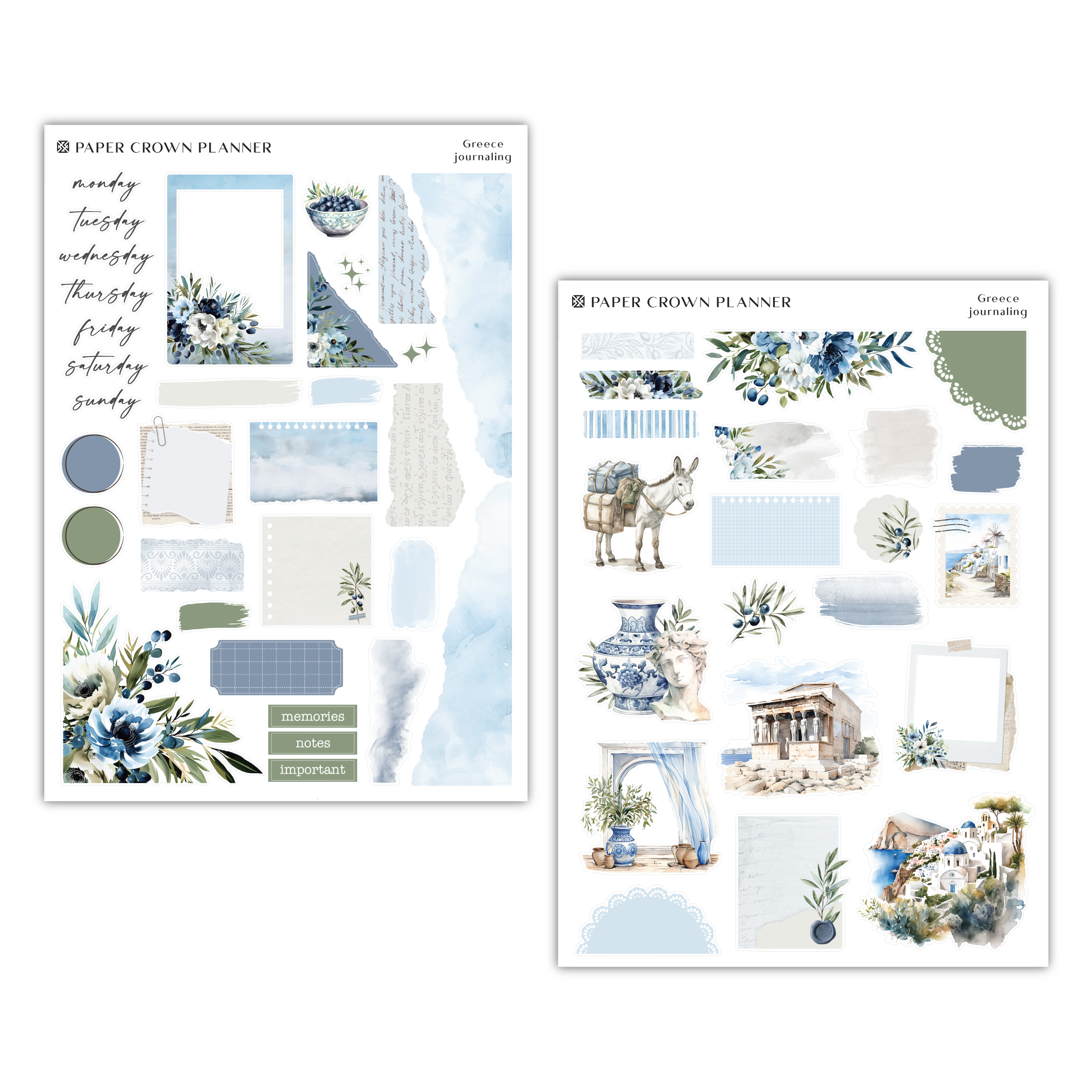 two sheets of paper with blue and green accents