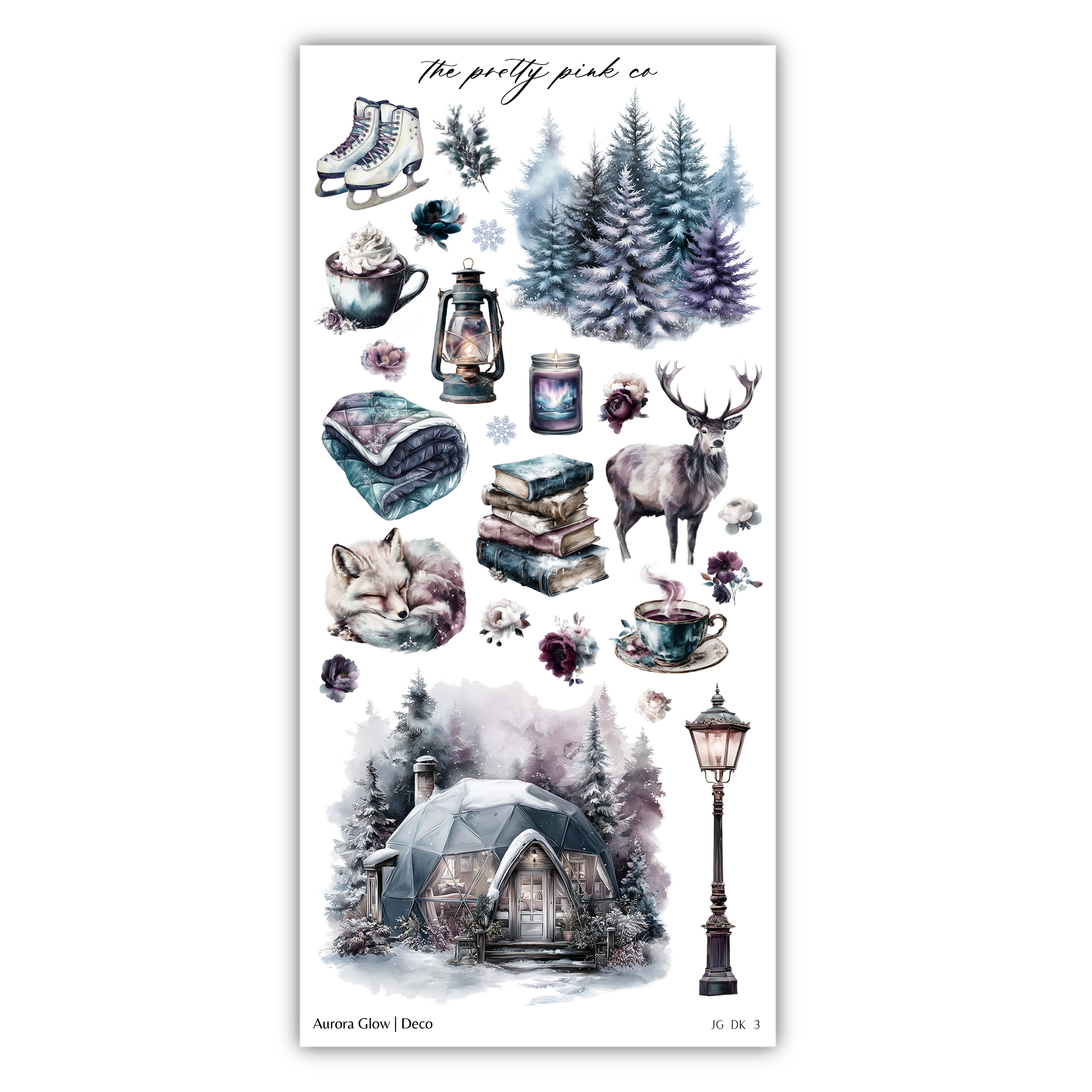 various winter-themed objects and scenes, including a pair of skis, a lantern, a deer, a cabin, and a snowflake.