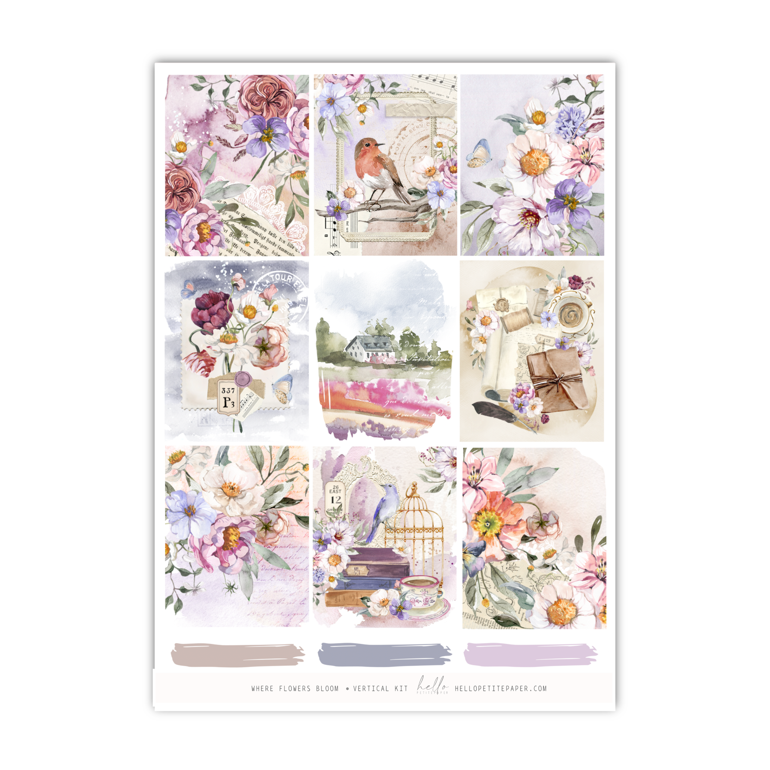 a collage of flowers and birds on a white background