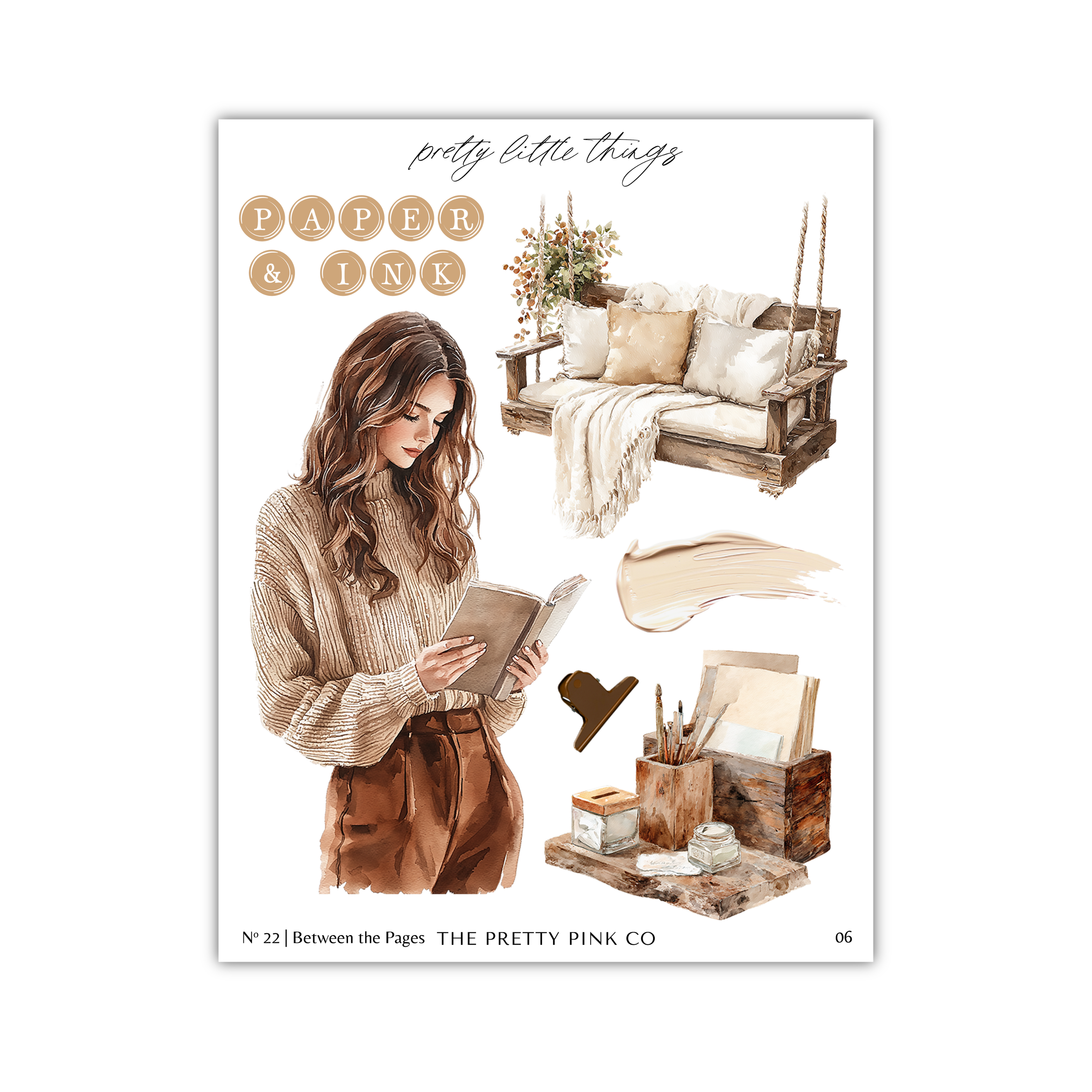 The image is a collage of various elements, including a woman reading a book, a wooden bench, a potted plant, and a desk with art supplies.