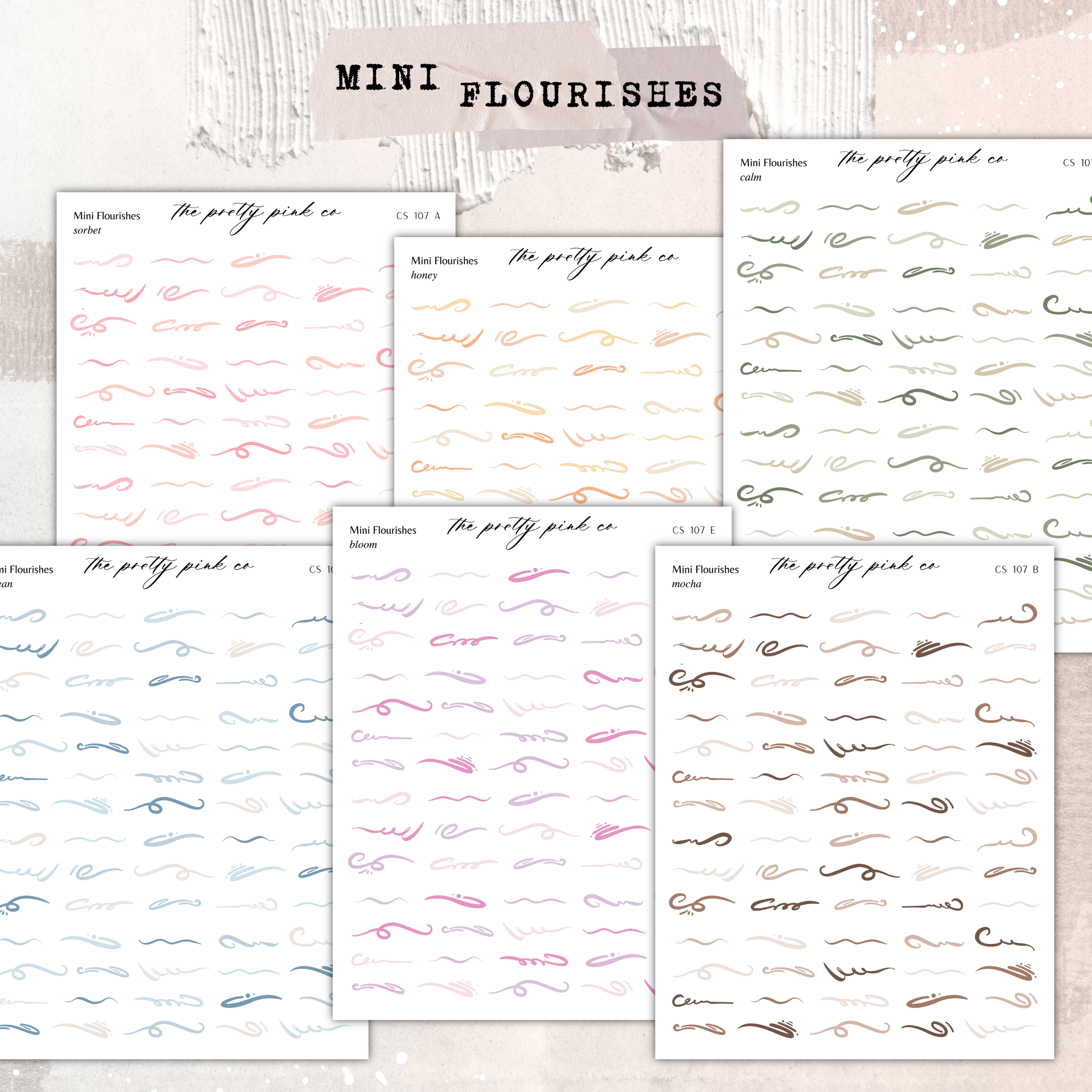a collection of six different designs or patterns, each with a unique color and style. The designs are arranged in a grid format, with each design occupying a separate space. The text "MINI FLOURISHES" is visible, indicating that these are mini floral designs.