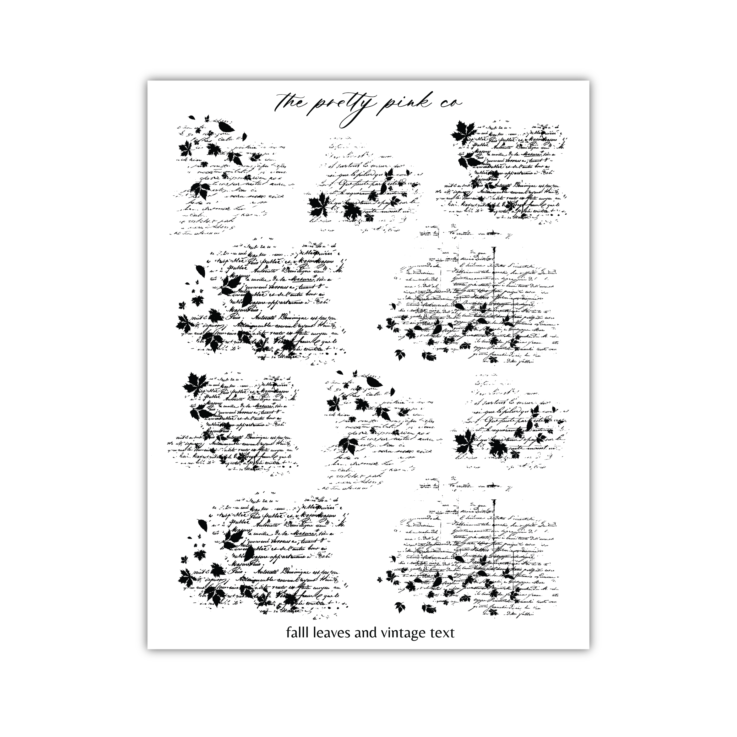 a collection of black and white text and leaf-like patterns, which appear to be a collage or a series of individual images. The text and leaf patterns are scattered throughout the image, creating a visually interesting and textured composition. The phrase "fall leaves and vintage text" is also present in the image.