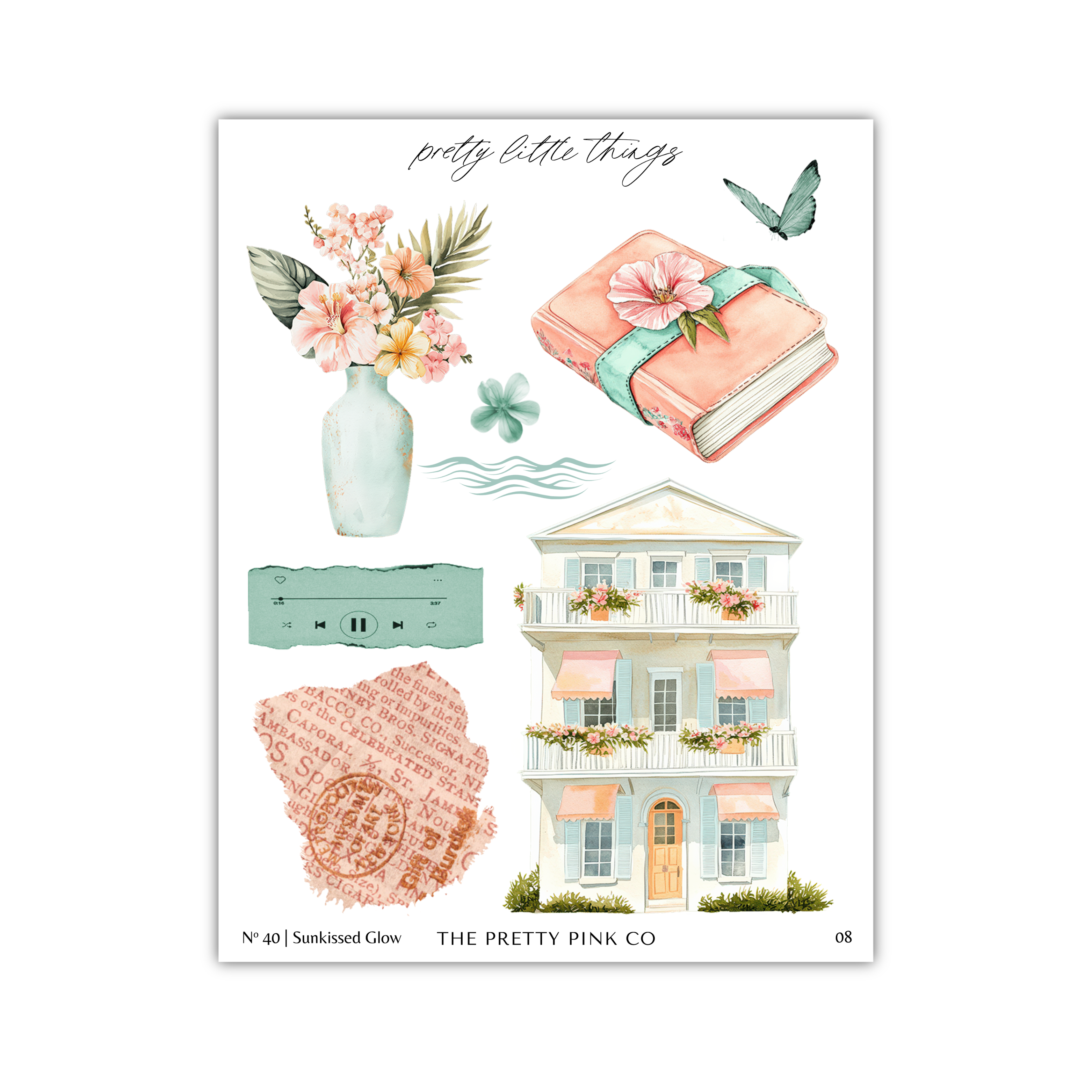 The image is a collage of various decorative elements, including a vase with flowers, a book, a house, and a butterfly.