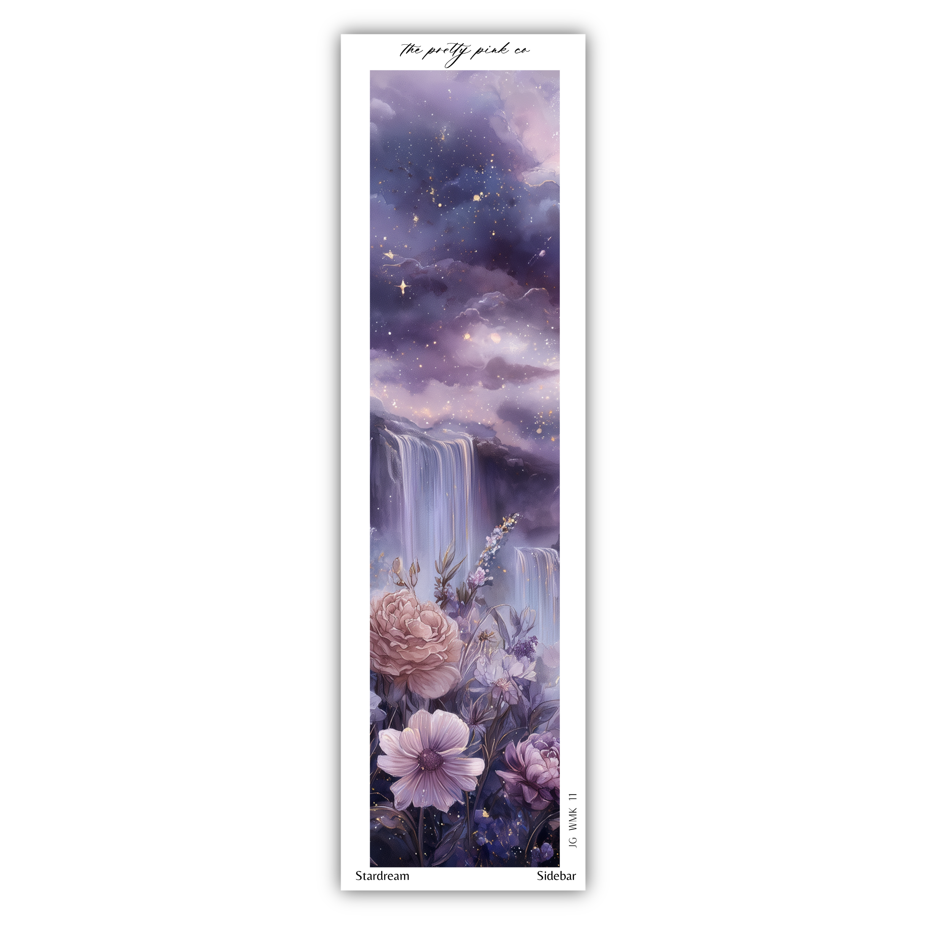 The image is a vertical poster featuring a night sky with stars and a waterfall, surrounded by flowers and plants.