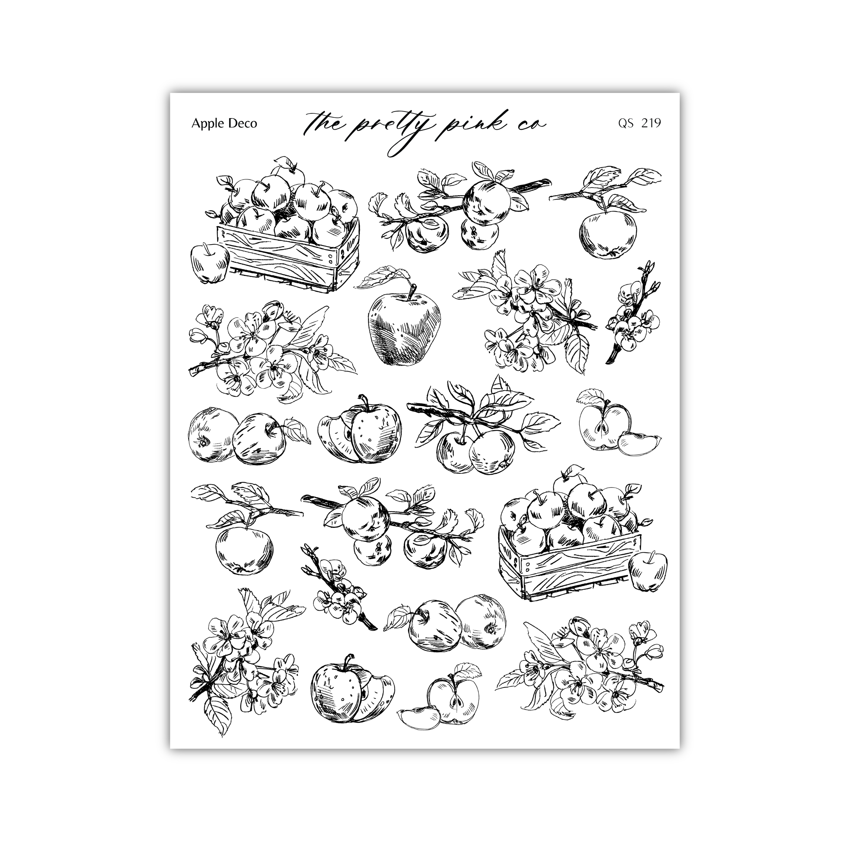 various hand-drawn illustrations of apples and other fruits, including apples in a wooden crate, apples on branches, and apples in a basket. The illustrations are in black and white, and the image appears to be a collection of these illustrations.