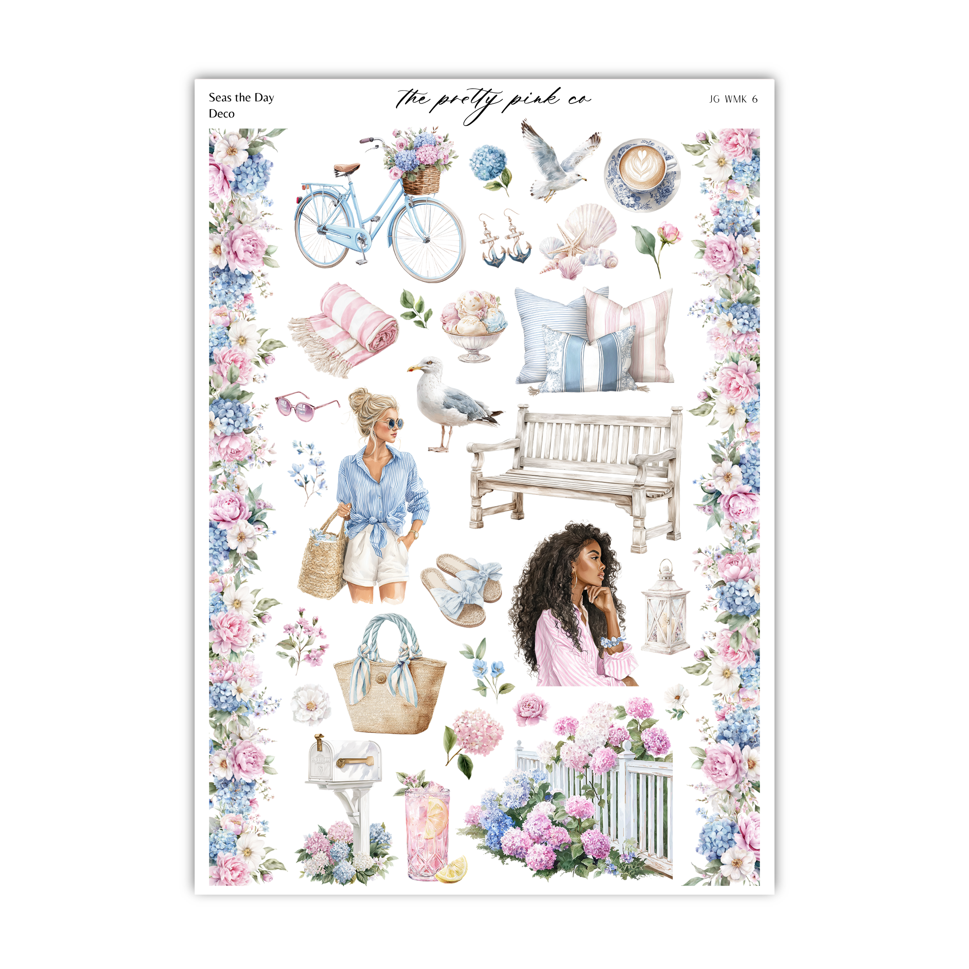 The image is a collage of various objects and scenes, including a bicycle, flowers, a bench, a woman, a bird, and other decorative elements. The collage is framed by a border of pink and blue flowers, creating a visually appealing and harmonious composition.