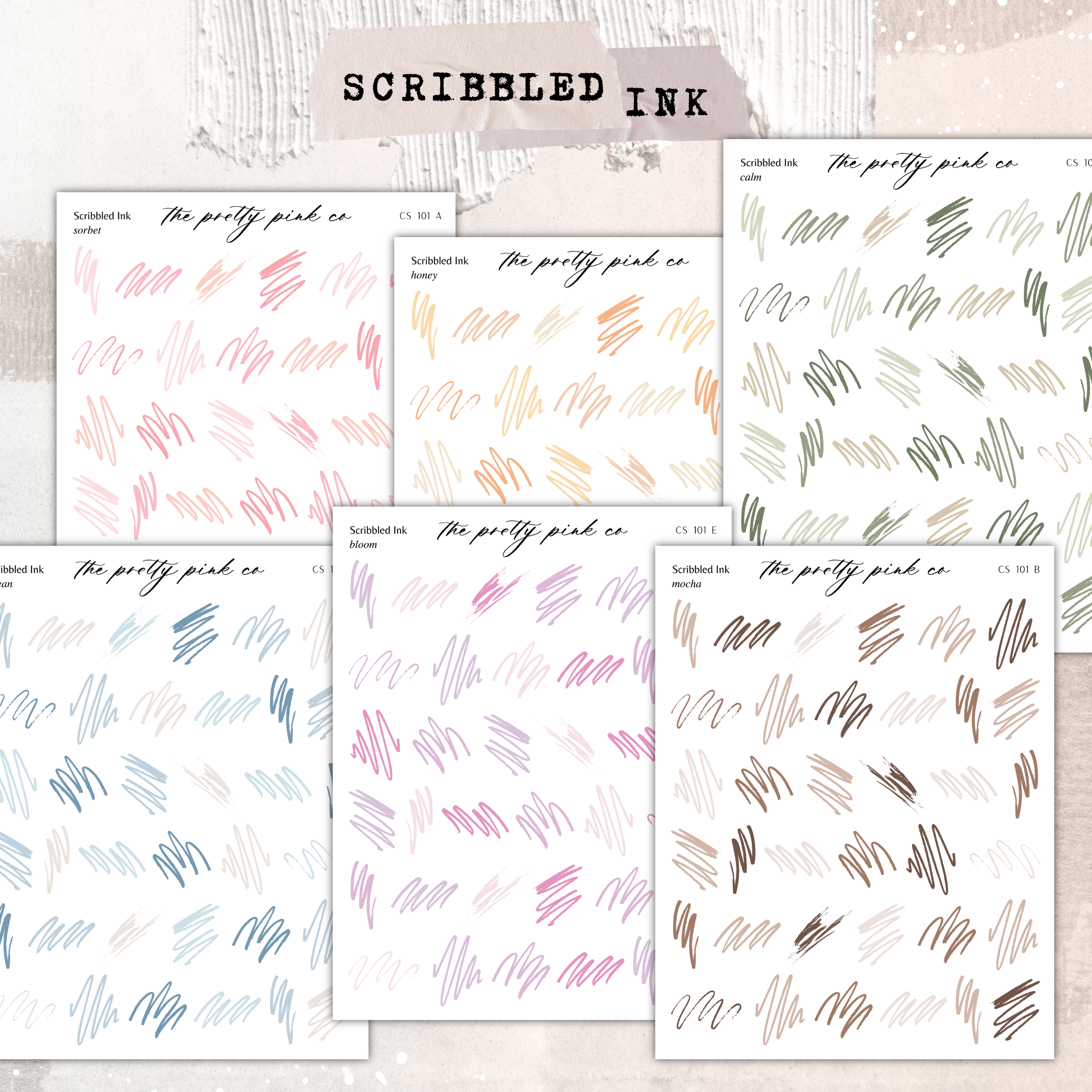 a collection of six different colored ink samples, each with a unique pattern and texture. The samples are arranged in a grid format, showcasing a variety of colors and strokes. The text "SCRIBBLED INK" is prominently displayed, indicating the type of ink used in the samples.