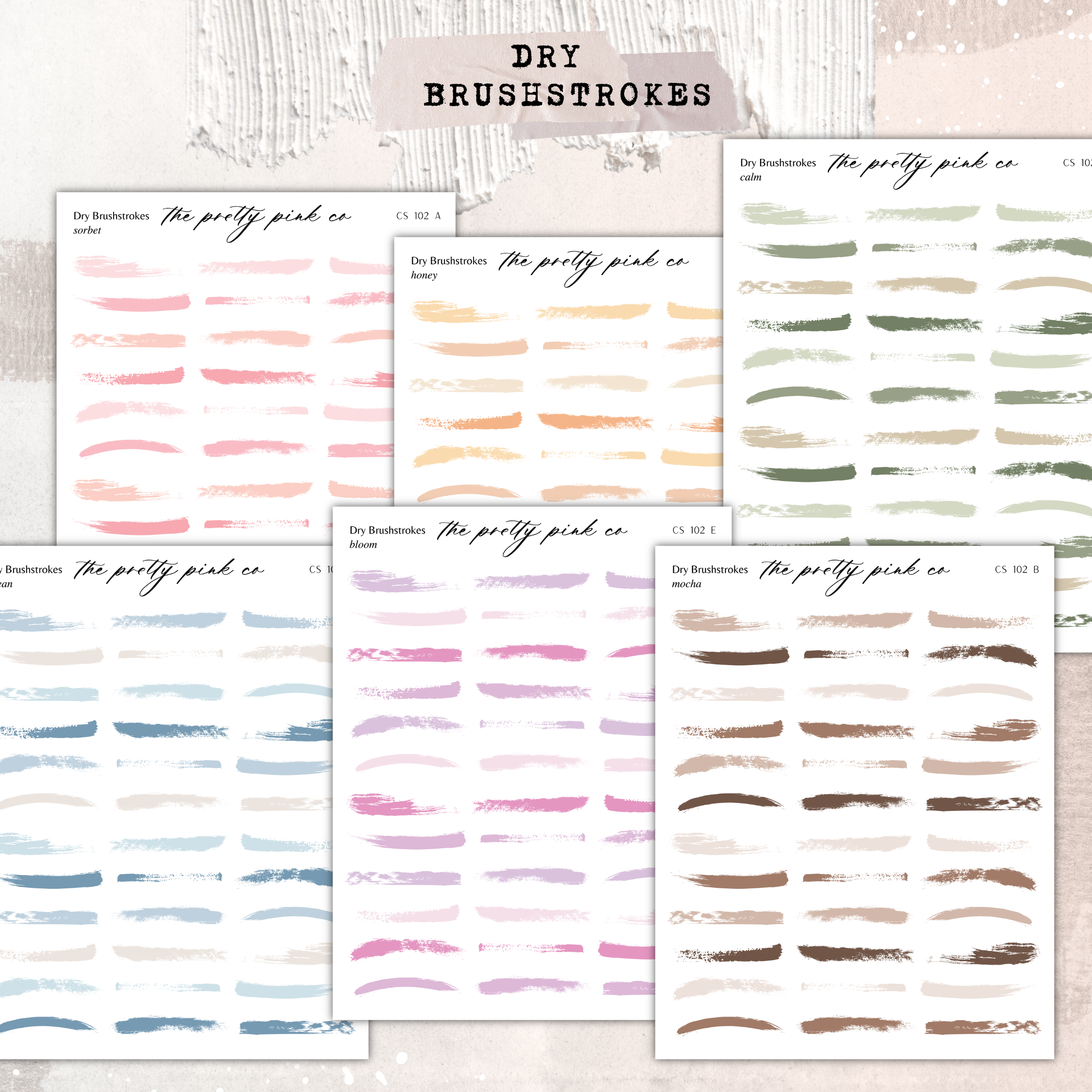 a collection of six different brushstroke designs, each with a unique color and pattern. The brushstrokes are arranged in a grid format, with each row representing a different color and each column representing a different brushstroke pattern. The text "Dry Brushstrokes" is visible, indicating the theme of the image.