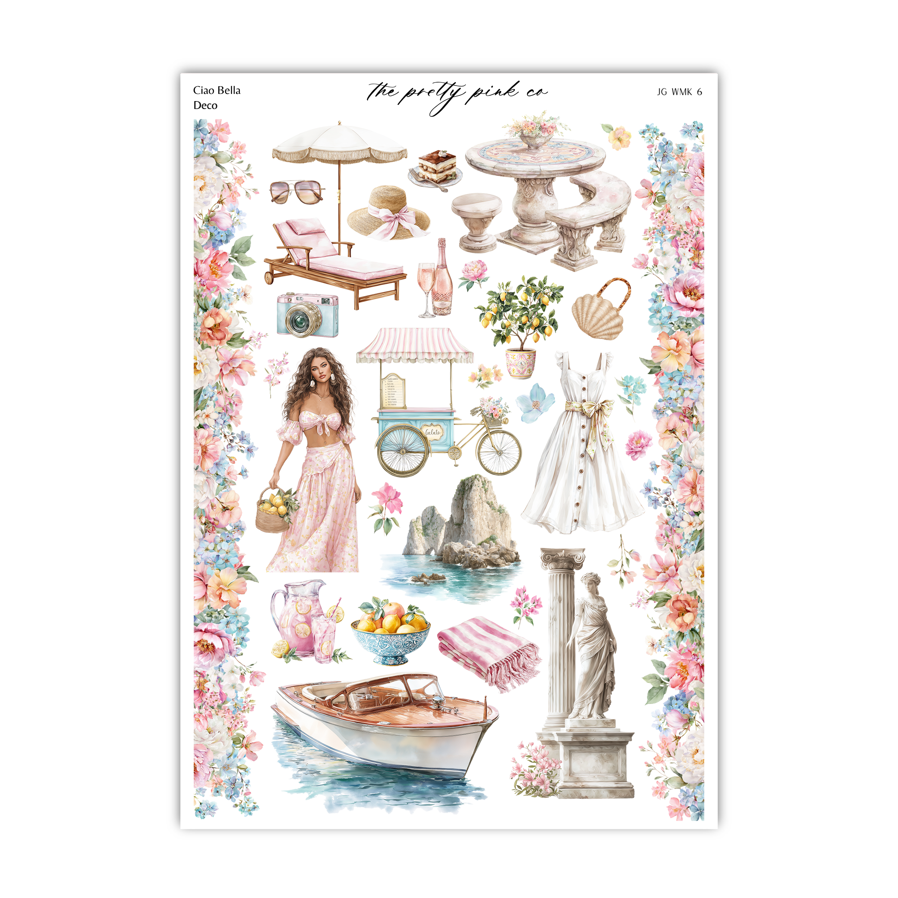 The image is a collage of various objects and scenes, including a woman, a boat, flowers, a statue, and other decorative elements.