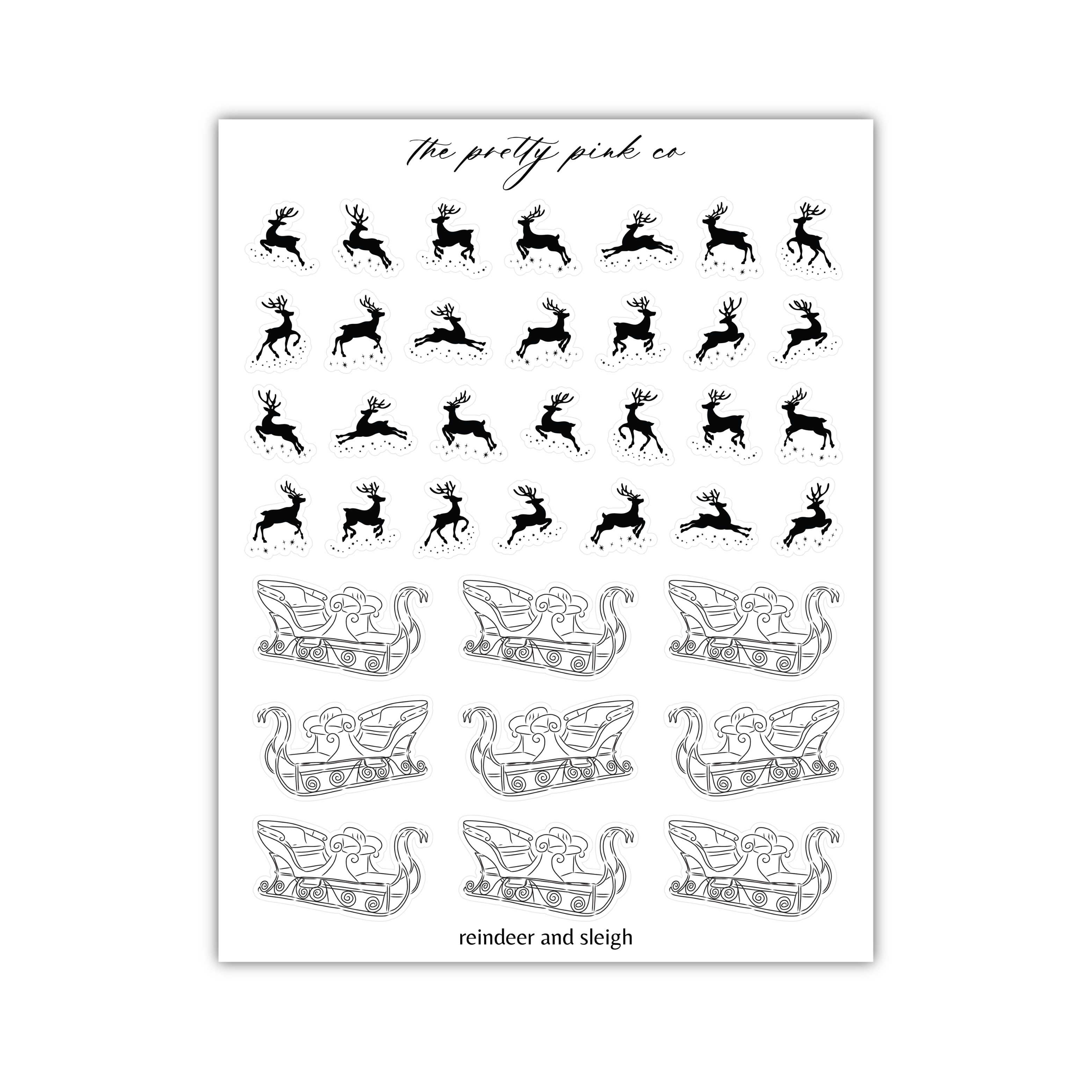 a sheet of black and white stickers with reindeers and sleighs