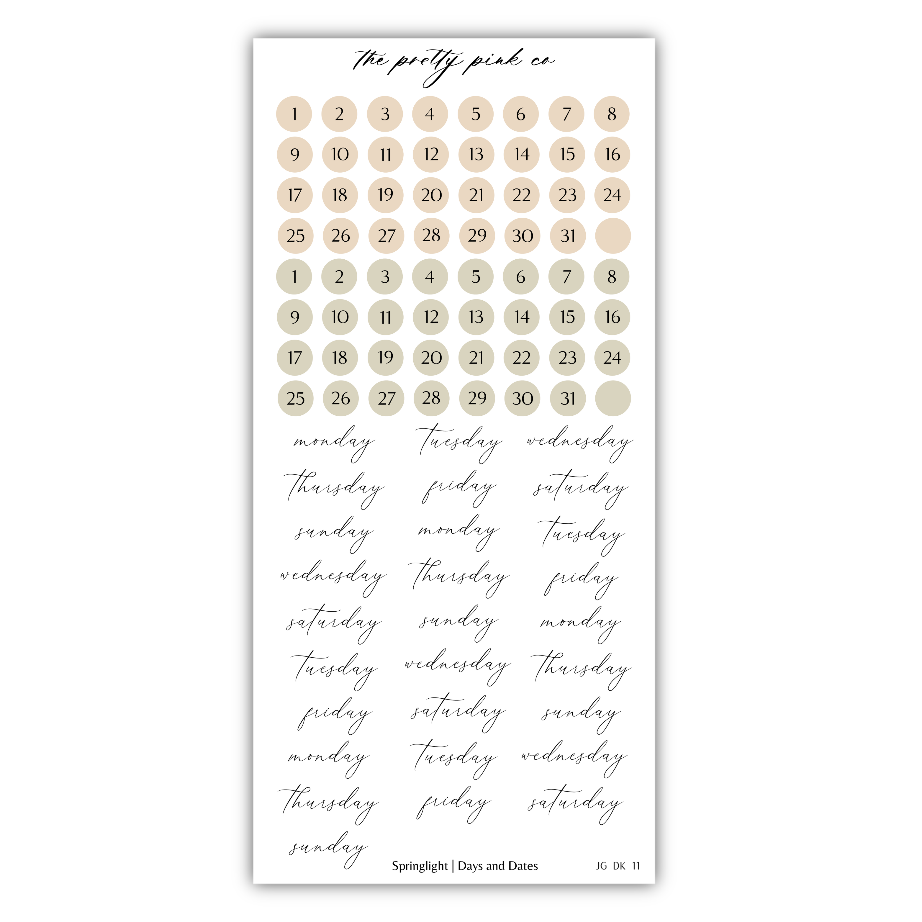 The image is a calendar with a grid of numbers representing days of the week, and a list of days of the week written in cursive.
