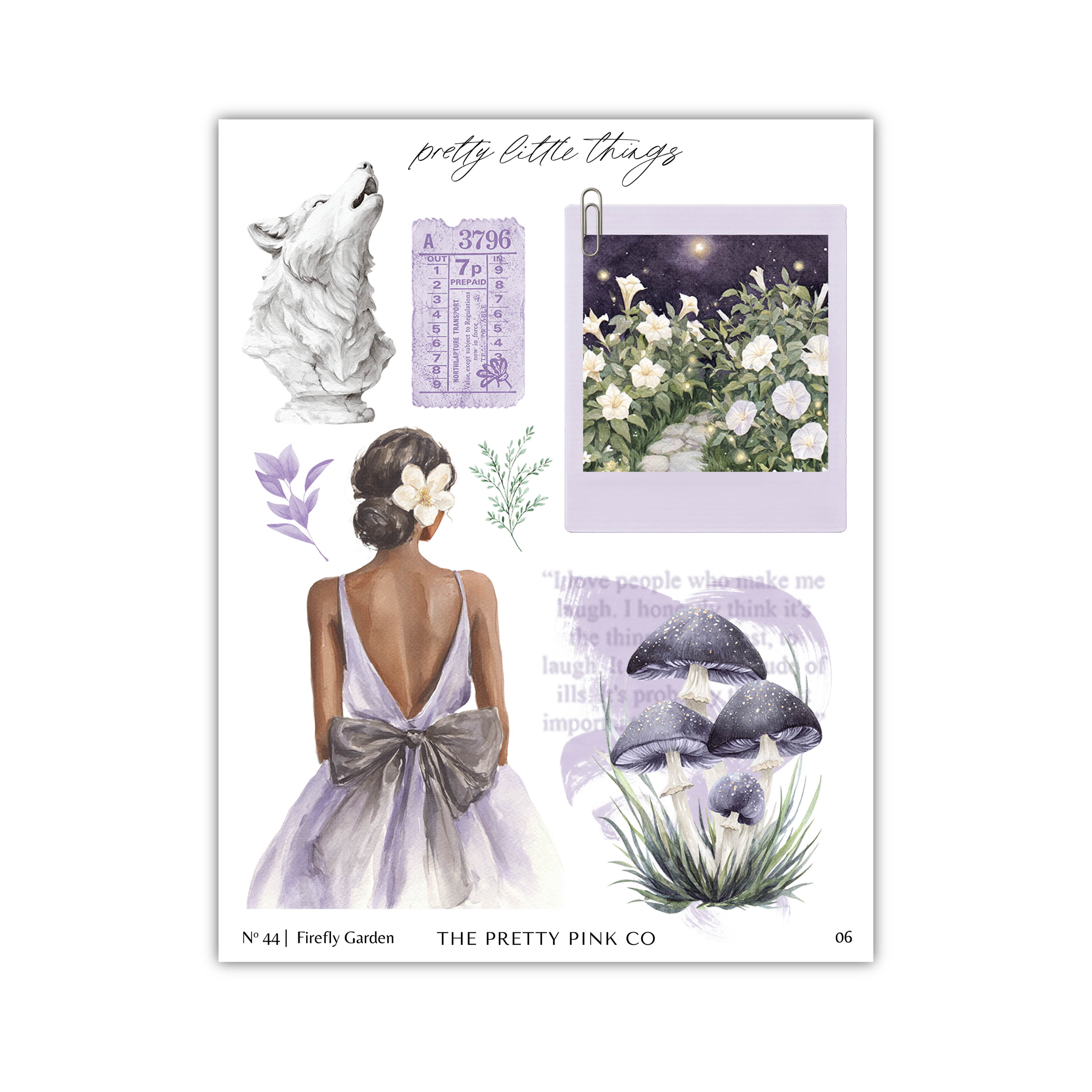 The image is a collage of various artistic elements, including a woman in a purple dress, a wolf, flowers, mushrooms, and a quote. The collage is titled "Pretty little things" and is part of the "The Pretty Pink Co." series.