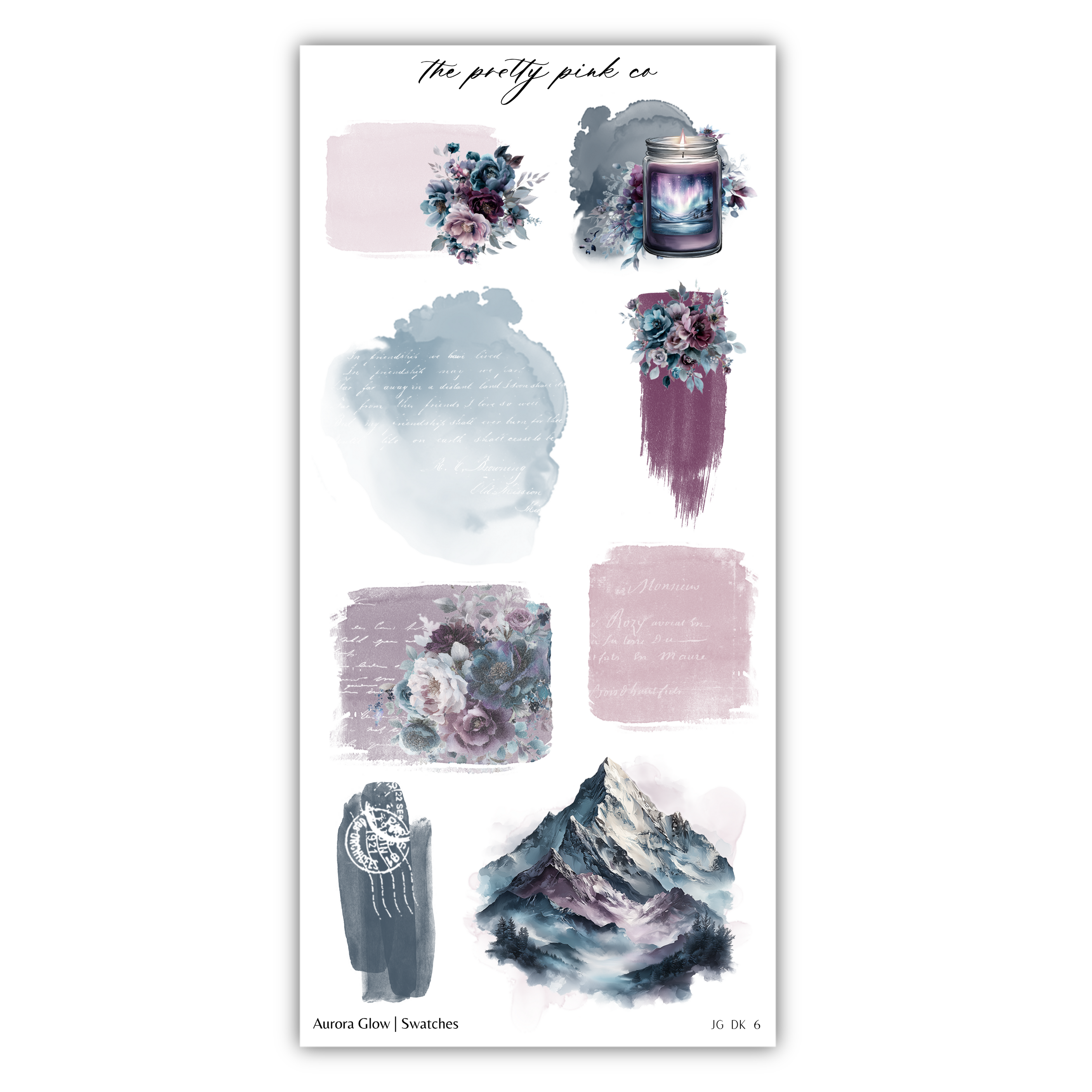 various artistic elements, including a candle, flowers, and a mountain landscape. The image is a collage of different artistic elements, and there are no specific phrases or descriptions provided.