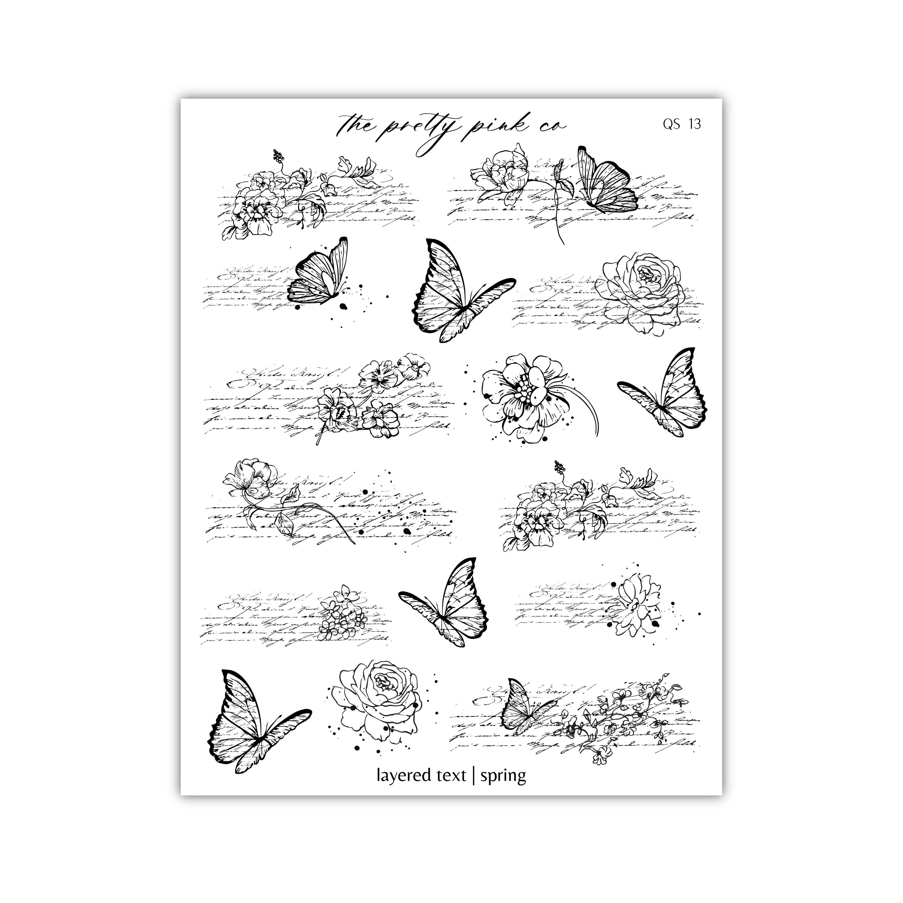 a black and white drawing of butterflies and flowers