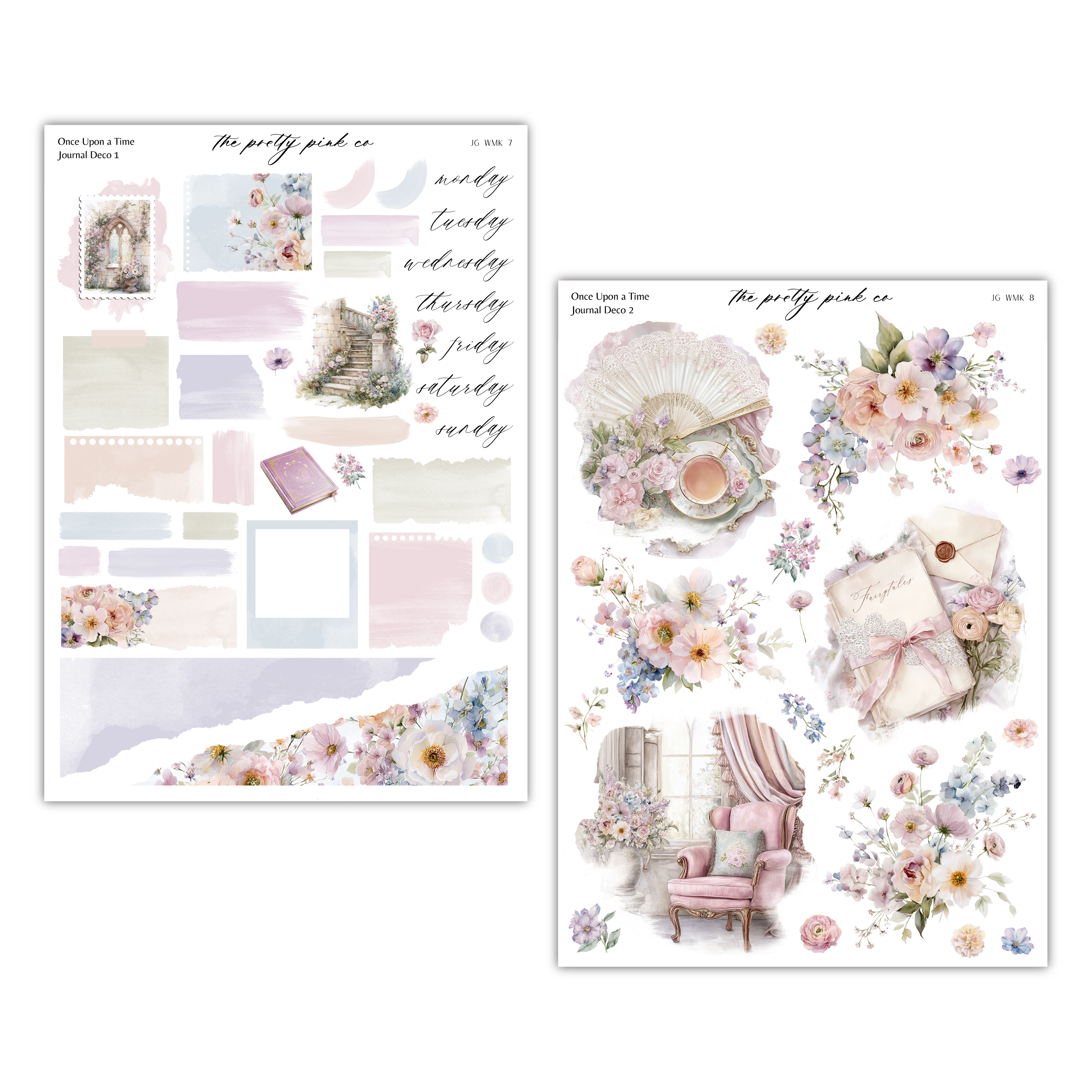 two pages of decorative elements, including floral patterns, a fan, and a book, all arranged in a visually appealing manner.