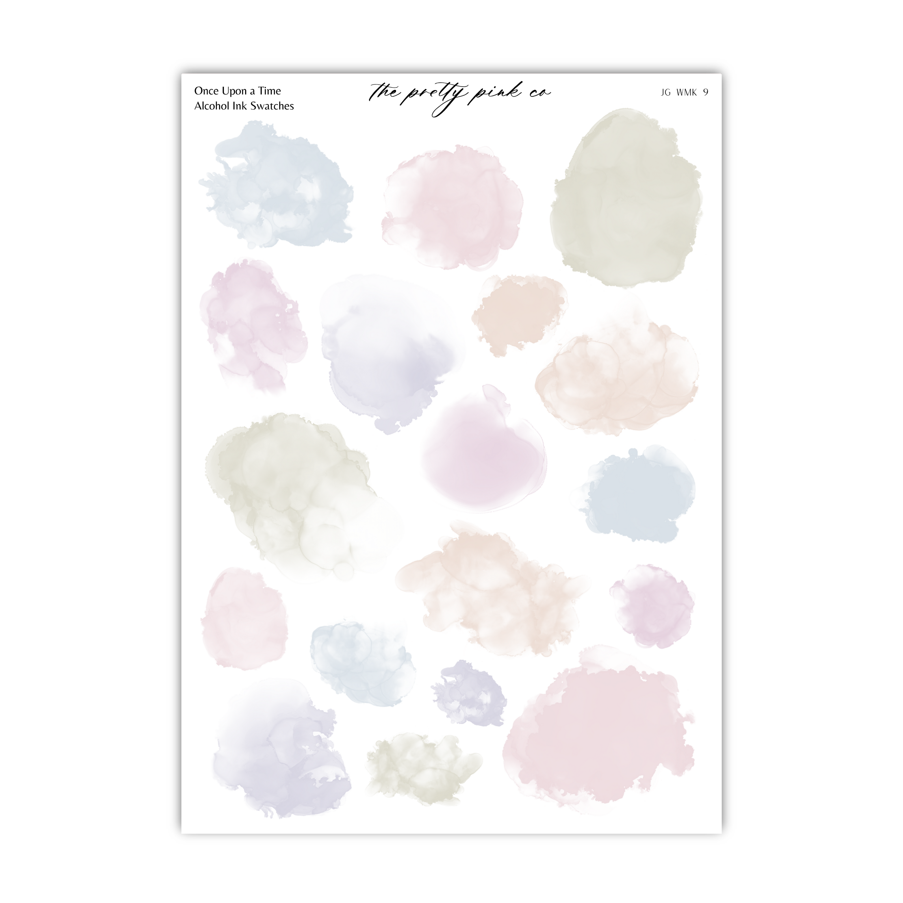 a collection of abstract watercolor-style splatters in various pastel colors, including shades of pink, blue, and green.