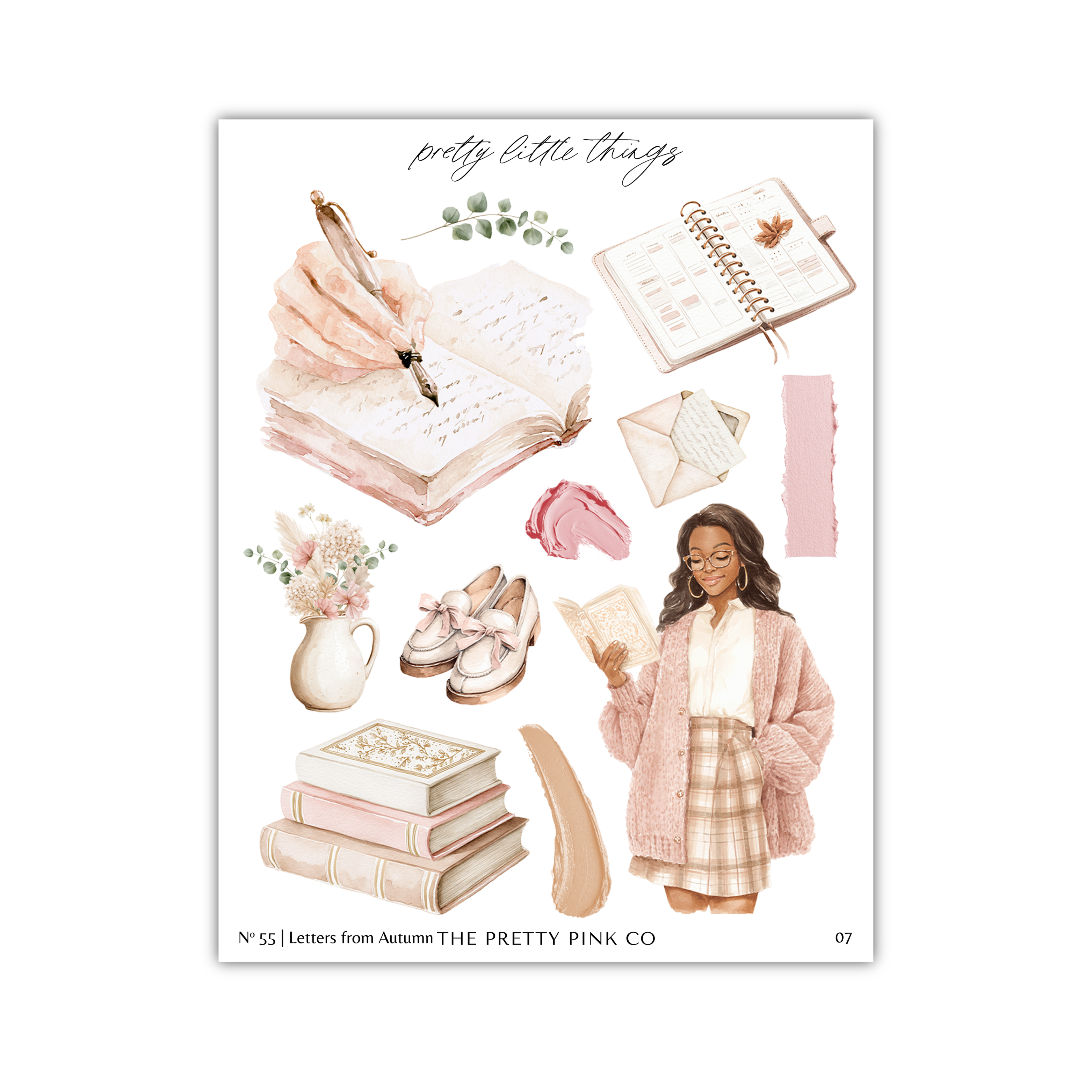 The image is a collage of various objects and a woman, including a book, a notebook, a vase with flowers, a pair of shoes, a stack of books, and a woman reading a book.